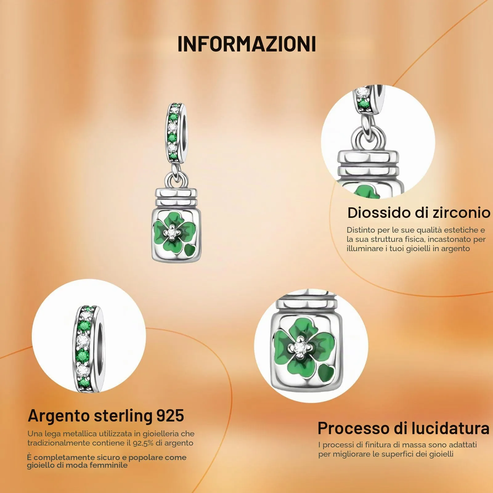 Rimgoris 925 Sterling Silver Four-leaf Clover in a Bottle Charm Bracelet and Necklace Pendant with Zirconia - immagine 4