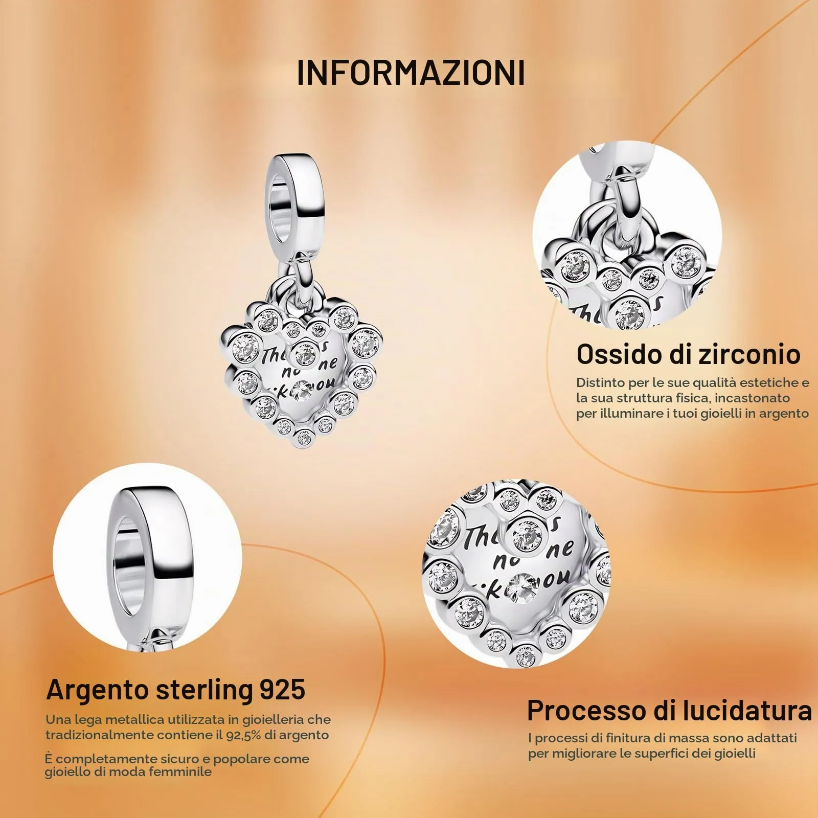 Rimgoris 925 Sterling Silver Heart Pendant Charm with Zirconia for Women's Bracelets and Necklaces - immagine 4