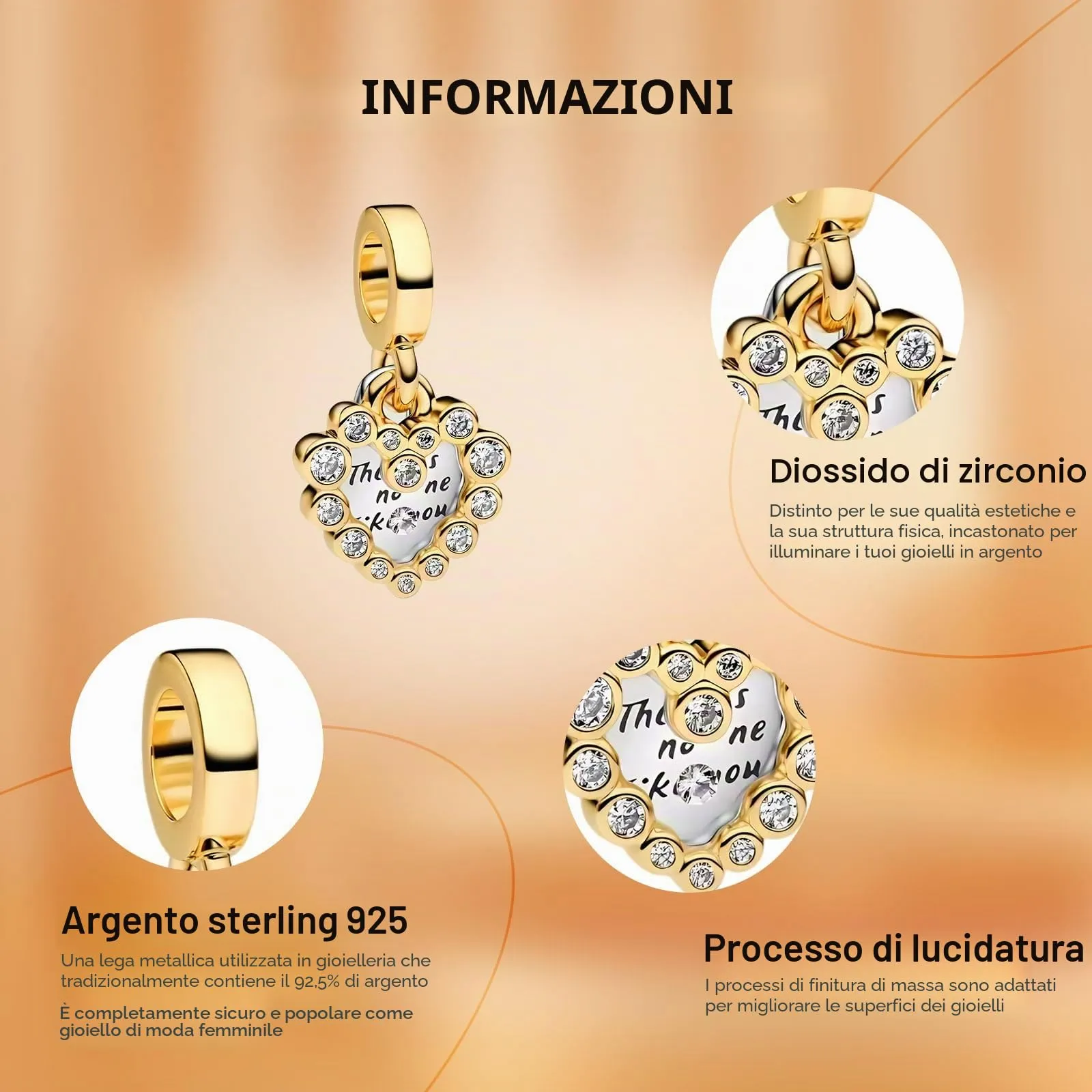 Rimgoris 925 Sterling Silver Gold Heart Pendant Charm with Zirconia for Bracelets and Necklaces - immagine 4