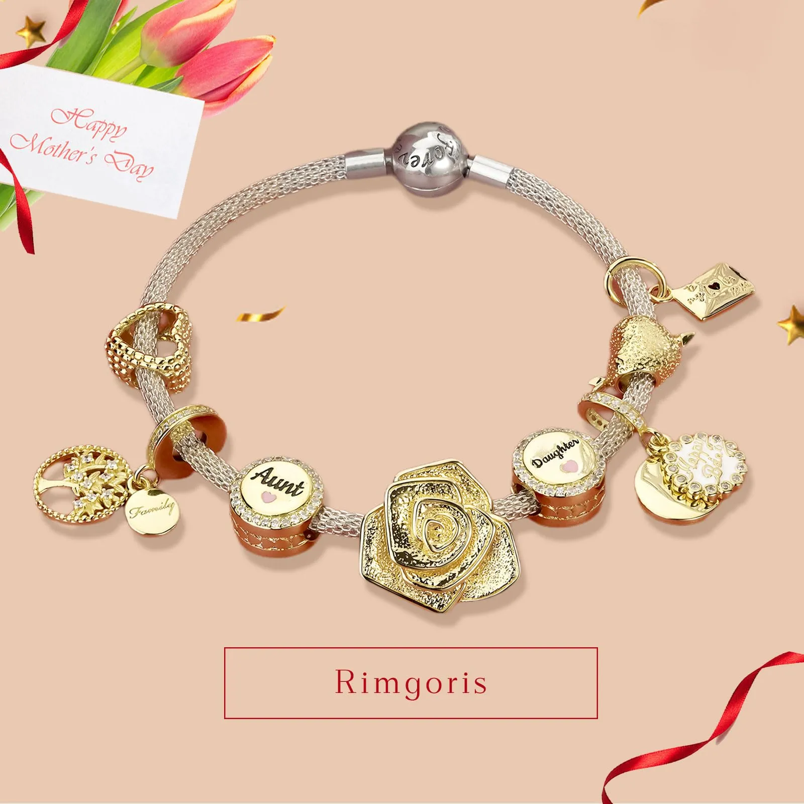 Rimgoris 925 Sterling Silver Gold Heart Pendant Charm with Zirconia for Bracelets and Necklaces - immagine 5