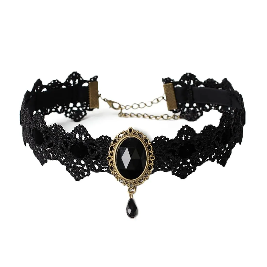 KQOZG Collana Choker Gotica in Pizzo e Velluto con Pendente di Cristallo e Design a Fiore, Nero - immagine 1