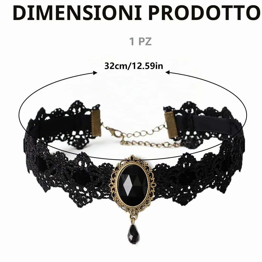 KQOZG Collana Choker Gotica in Pizzo e Velluto con Pendente di Cristallo e Design a Fiore, Nero - immagine 2