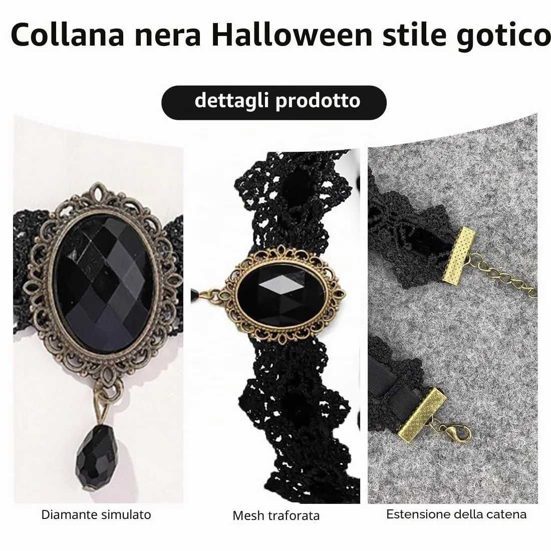 KQOZG Collana Choker Gotica in Pizzo e Velluto con Pendente di Cristallo e Design a Fiore, Nero - immagine 3
