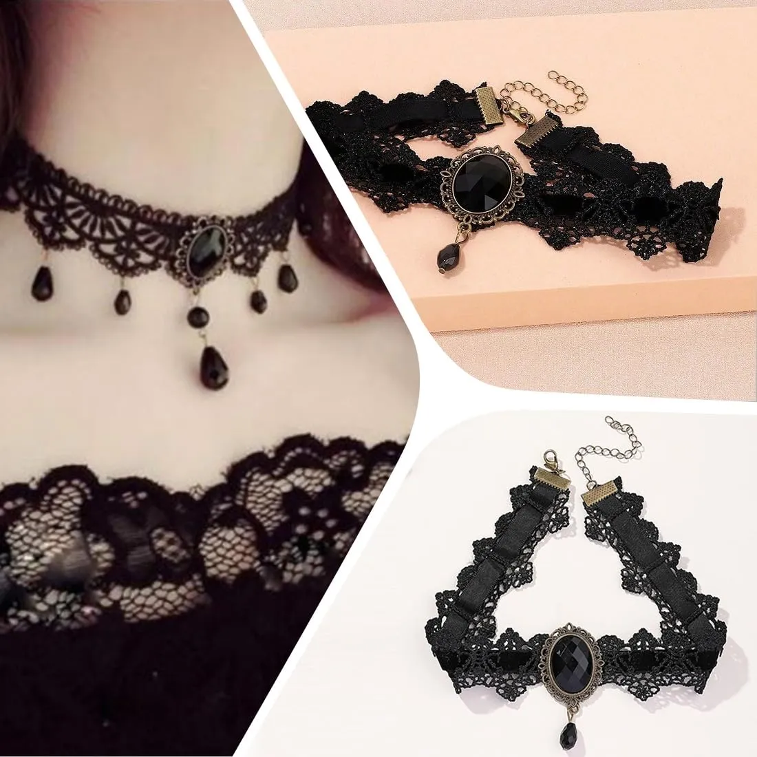 KQOZG Collana Choker Gotica in Pizzo e Velluto con Pendente di Cristallo e Design a Fiore, Nero - immagine 4