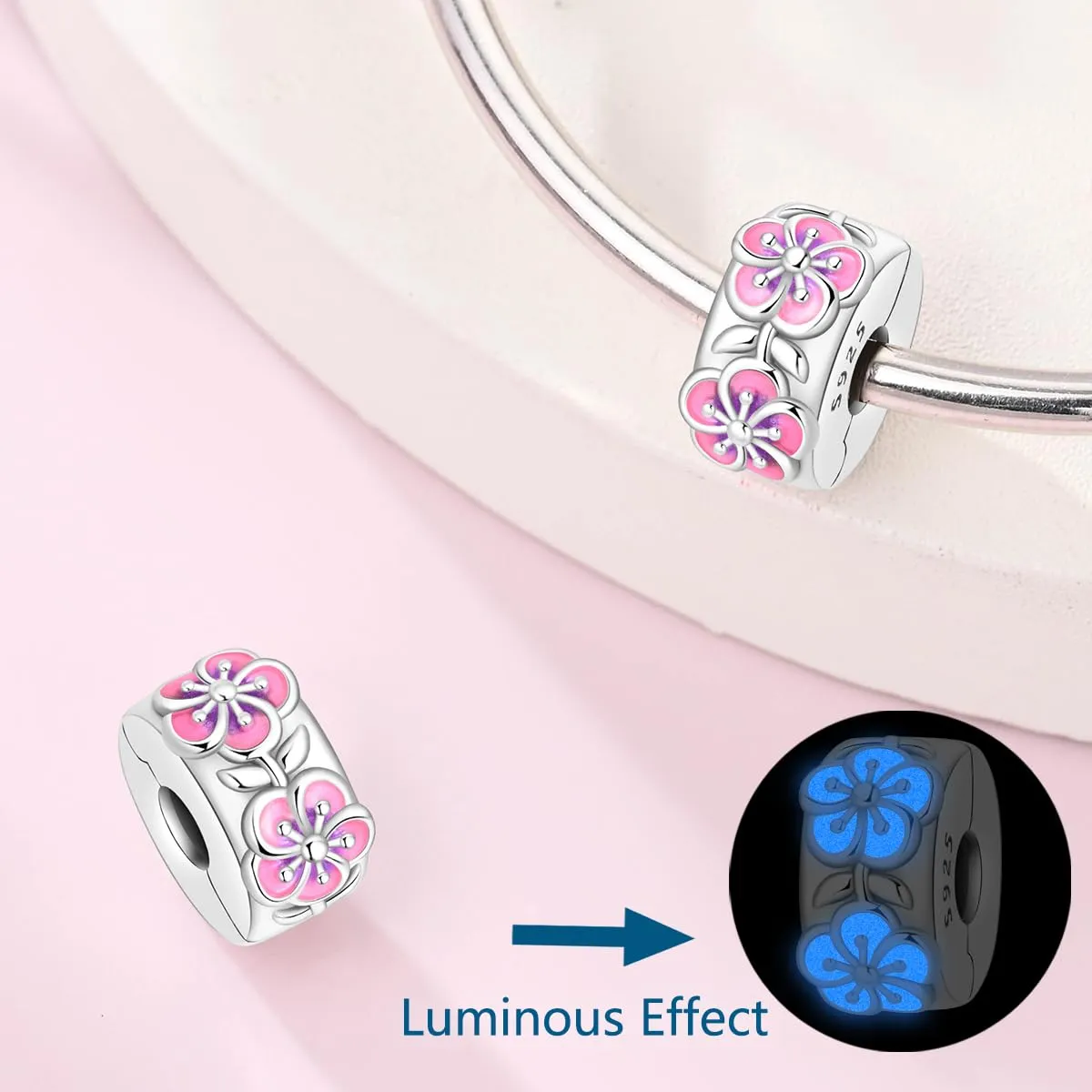 HUIPOJUE Ciondolo in Argento Sterling S925 con Effetto Luminescente, Perla Rosa, compatibile con Pandora - immagine 7