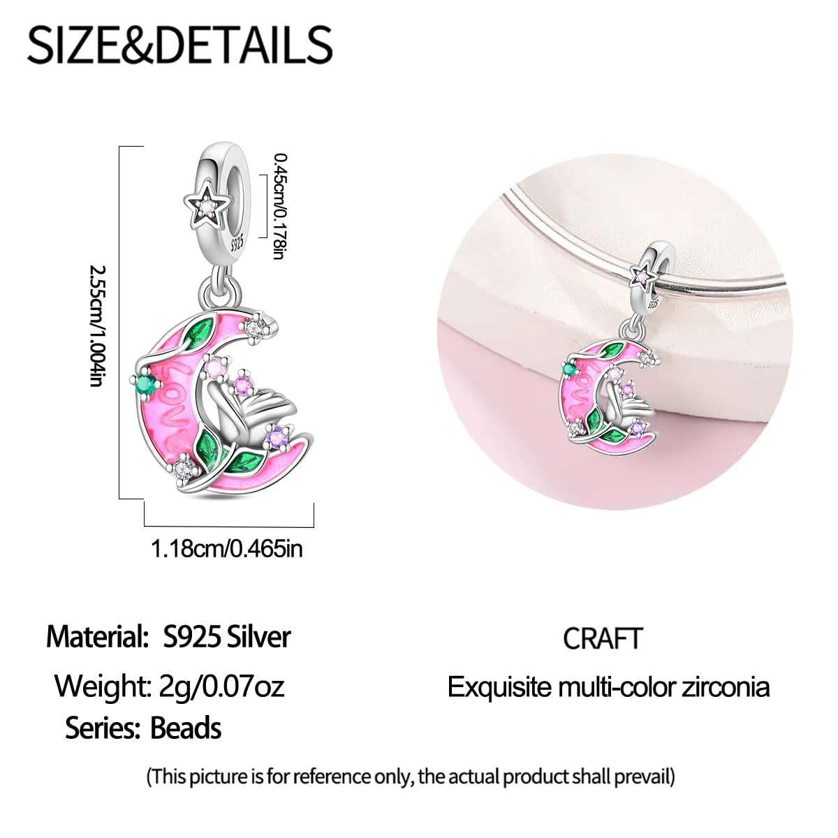 HUIPOJUE Ciondolo in Argento Sterling S925 Fosforescente con Perla Rosa per Braccialetti e Collane Pandora - immagine 4
