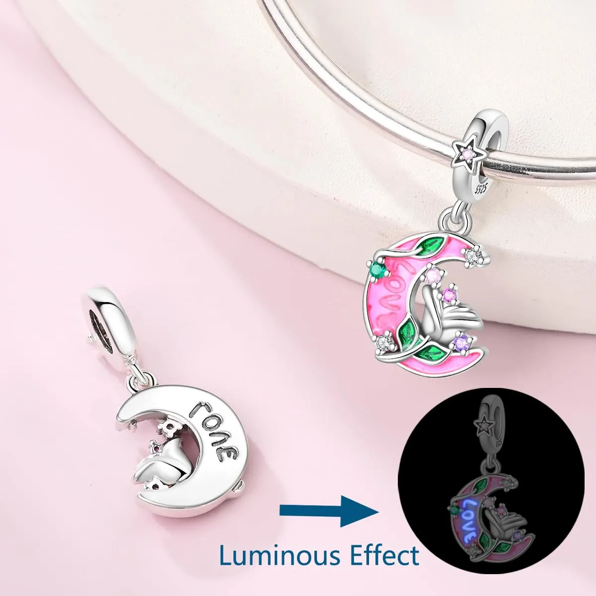 HUIPOJUE Ciondolo in Argento Sterling S925 Fosforescente con Perla Rosa per Braccialetti e Collane Pandora - immagine 7