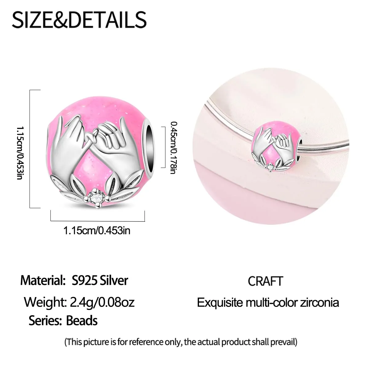 HUIPOJUE Ciondolo in Argento Sterling S925 Effetto Luminescente Perla Rosa per Braccialetti e Collane Pandora - immagine 4