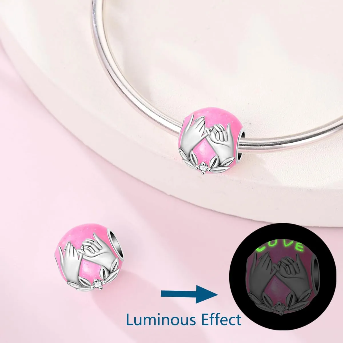 HUIPOJUE Ciondolo in Argento Sterling S925 Effetto Luminescente Perla Rosa per Braccialetti e Collane Pandora - immagine 7