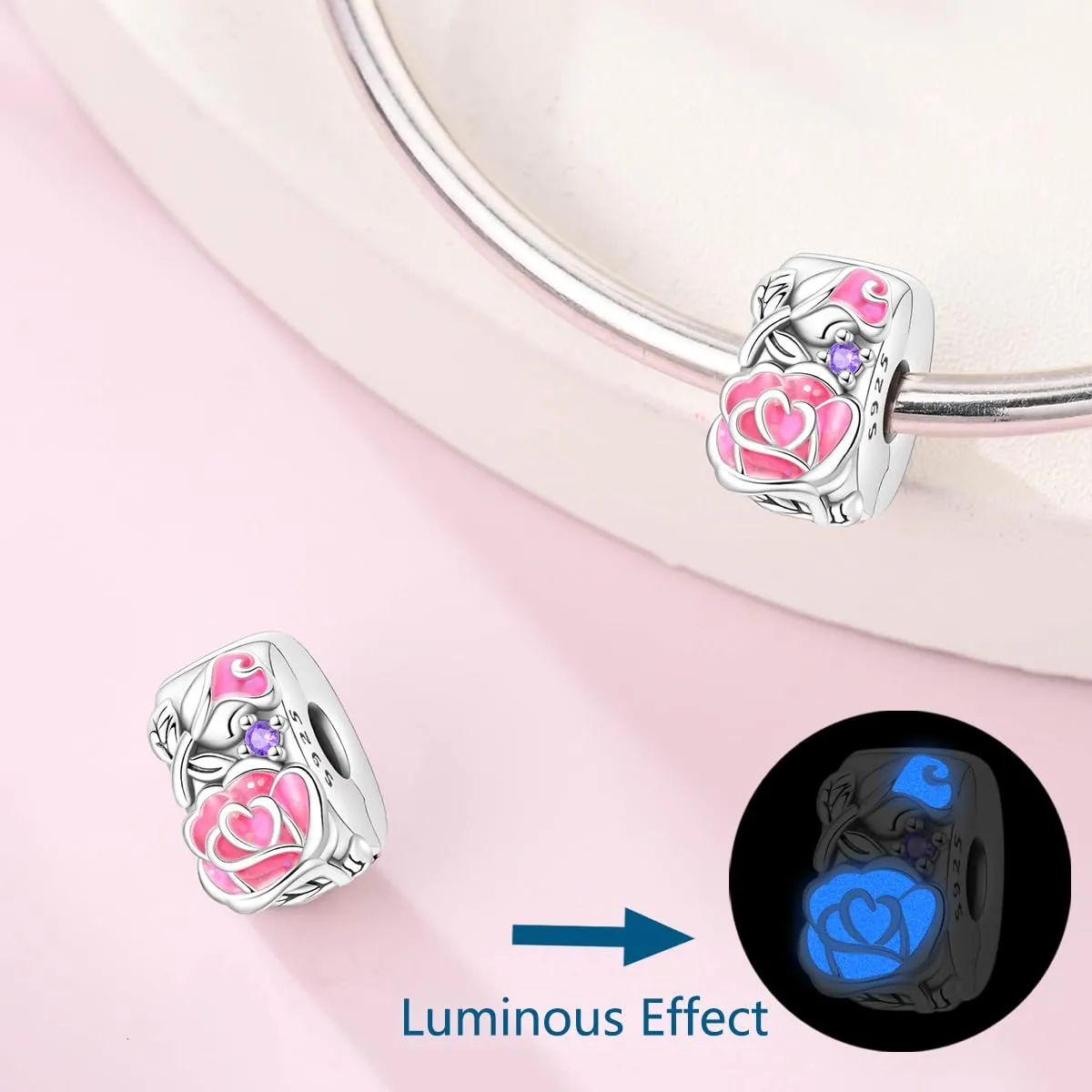 HUIPOJUE Ciondolo in Argento Sterling S925 Effetto Luminescente per Braccialetti e Collane Pandora, Perla Rosa - immagine 7
