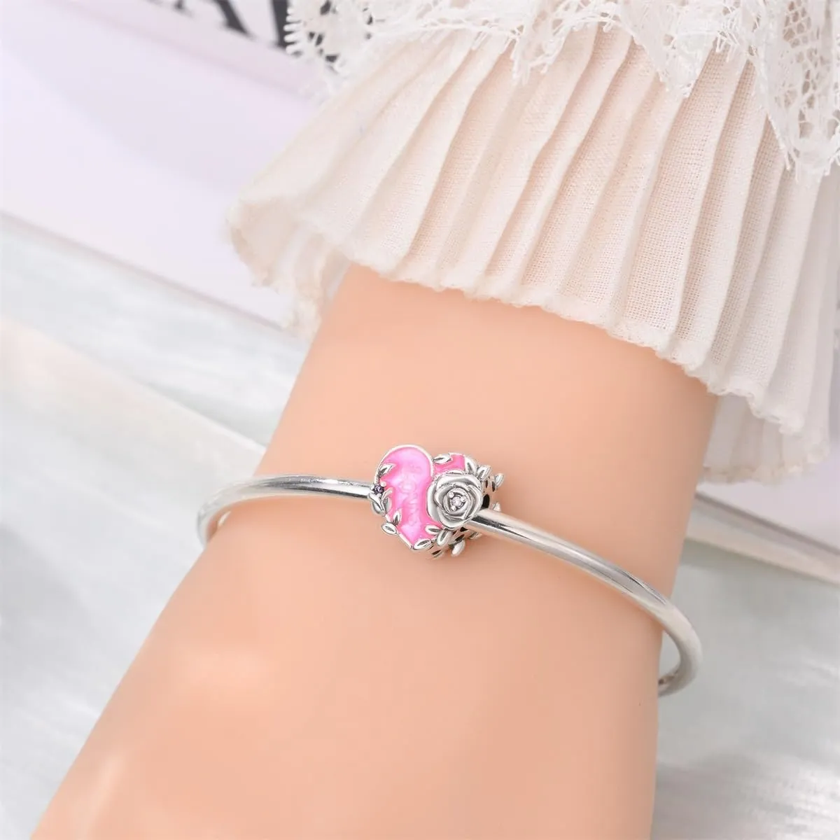HUIPOJUE Ciondolo in Argento Sterling S925 Effetto Luminescente, Perla Rosa, Compatibile con Pandora - immagine 5