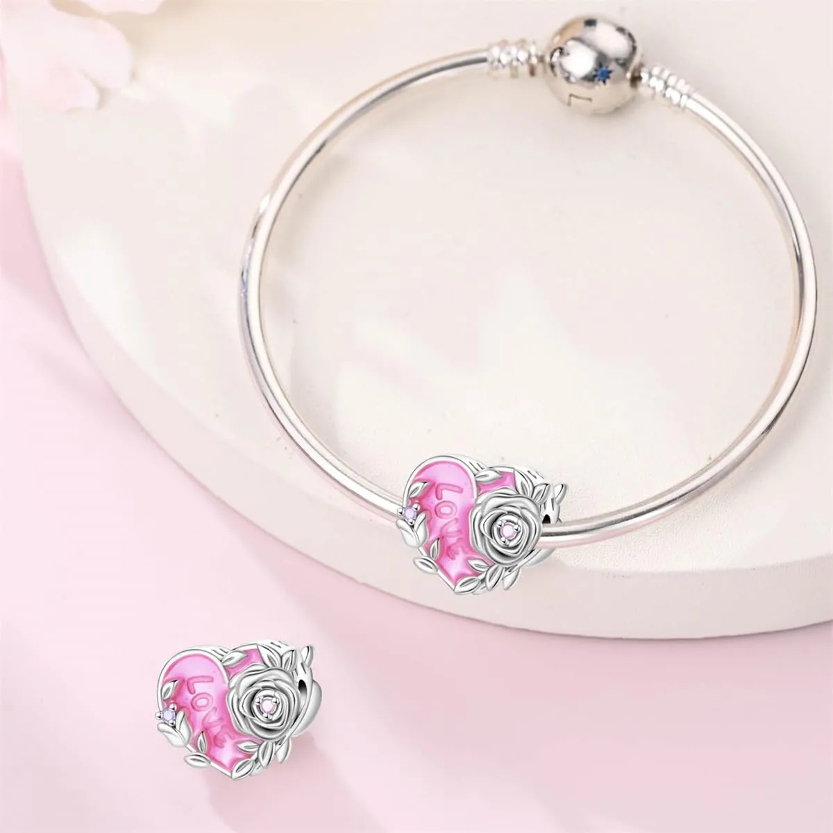 HUIPOJUE Ciondolo in Argento Sterling S925 Effetto Luminescente, Perla Rosa, Compatibile con Pandora - immagine 6