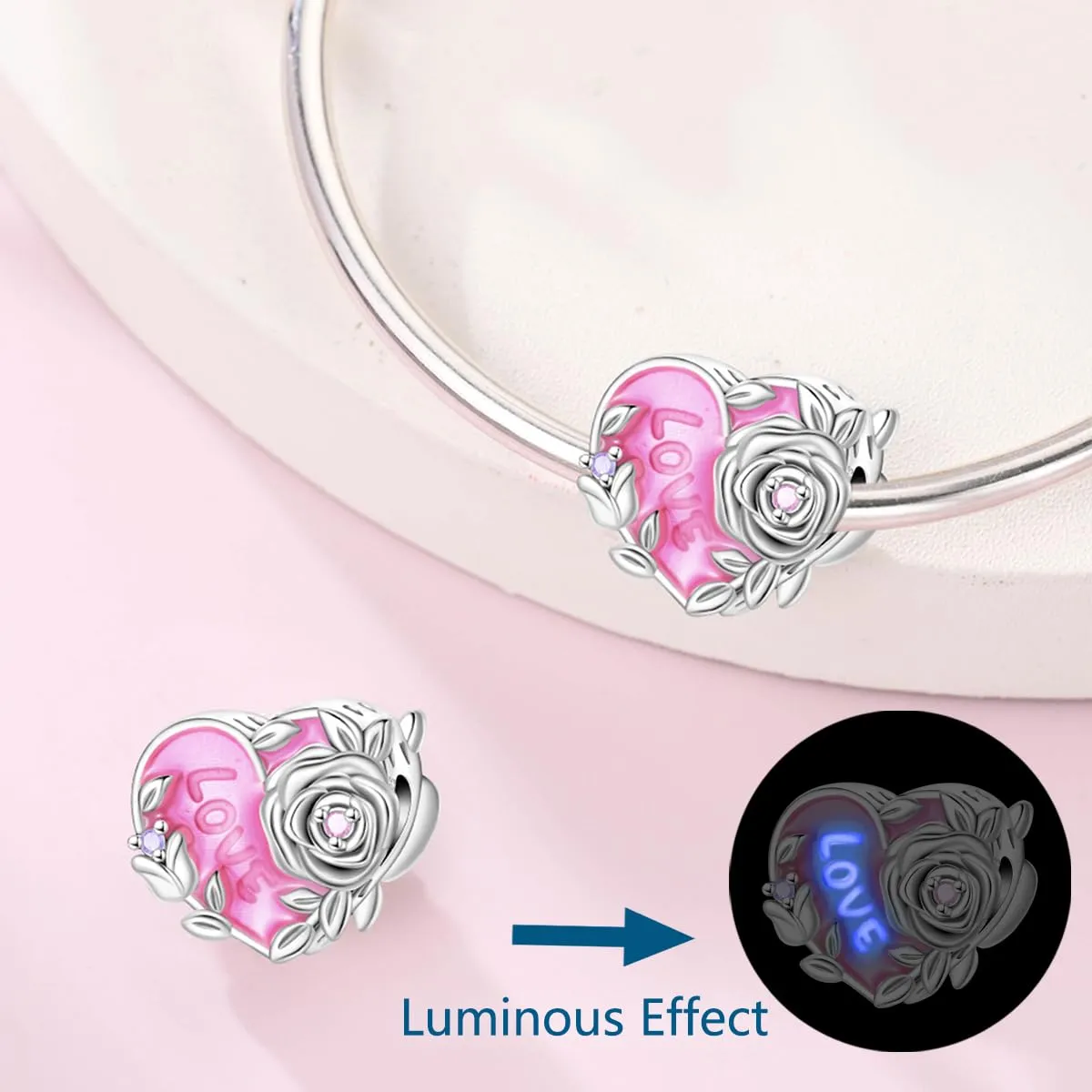 HUIPOJUE Ciondolo in Argento Sterling S925 Effetto Luminescente, Perla Rosa, Compatibile con Pandora - immagine 7