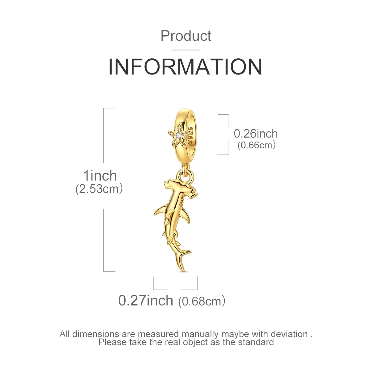 HUIPOJUE Ciondolo a forma di squalo in argento sterling 925 placcato oro con zirconi sintetici, 4.5mm-5mm - immagine 2
