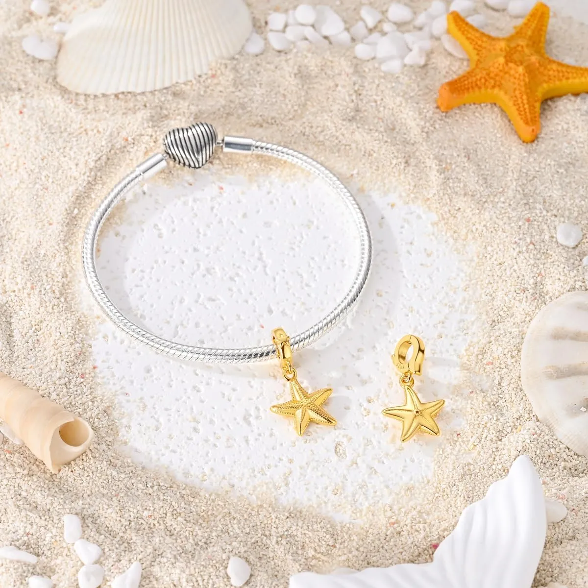 HUIPOJUE Ciondoli a Stella Marina in Argento Sterling 925 Placcato Oro e Zirconi, 4.5mm-5mm, Compatibile con Pandora - immagine 3
