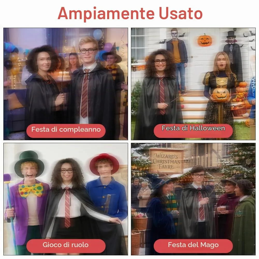 AUYAO Costume da Mago, Set di 4 Pezzi con Mantello, Occhiali, Cravatta e Bacchetta Magica per Bambini e Adulti - immagine 4