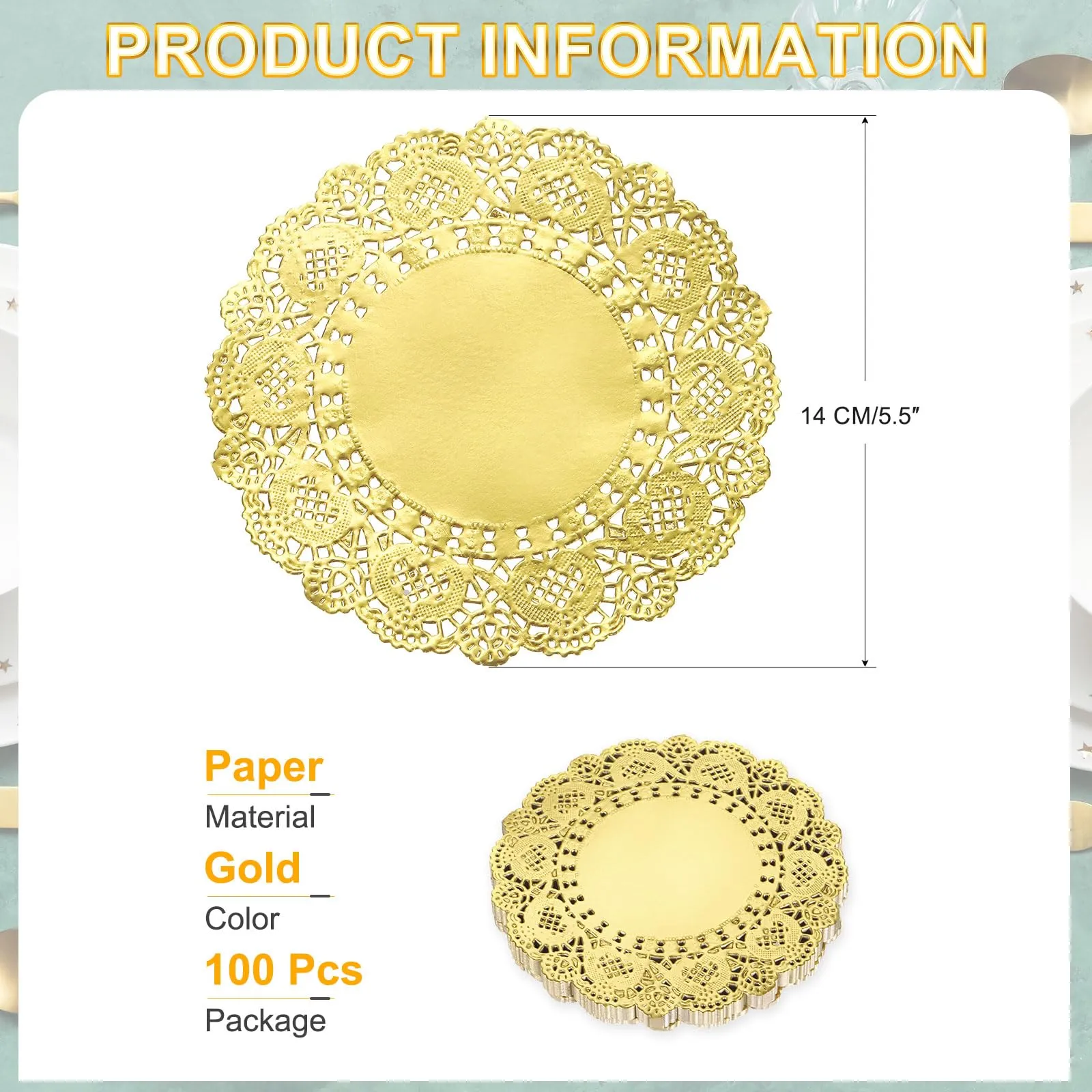 Sourcing Map Centrini di Carta in Pizzo Rotondi, 14 cm, 100 Pezzi, Colore Oro - immagine 2