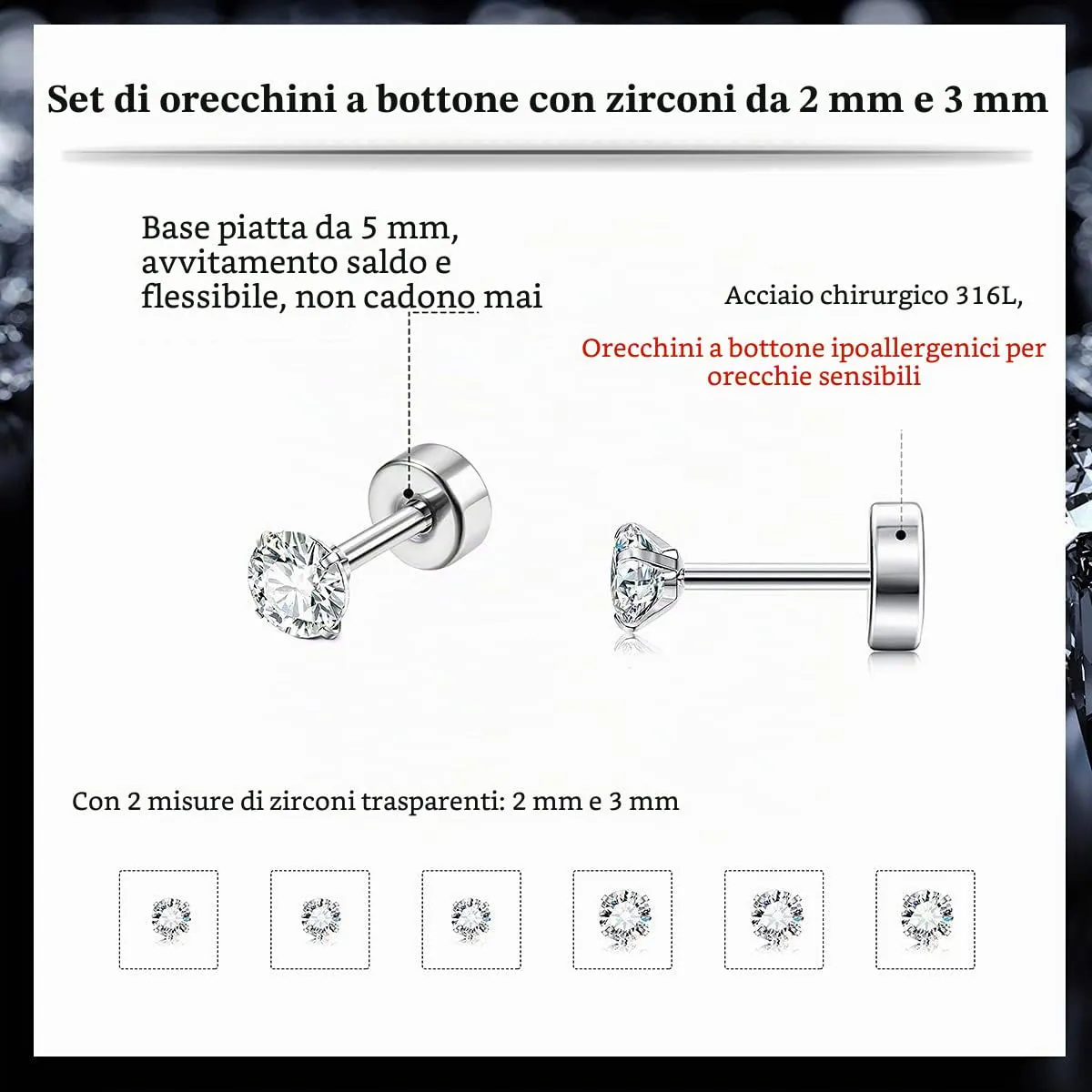 ORAZIO 6-12 Paia Orecchini a Bottone 20G in Acciaio Inossidabile con Perline di Pietra per Donna e Uomo - immagine 5
