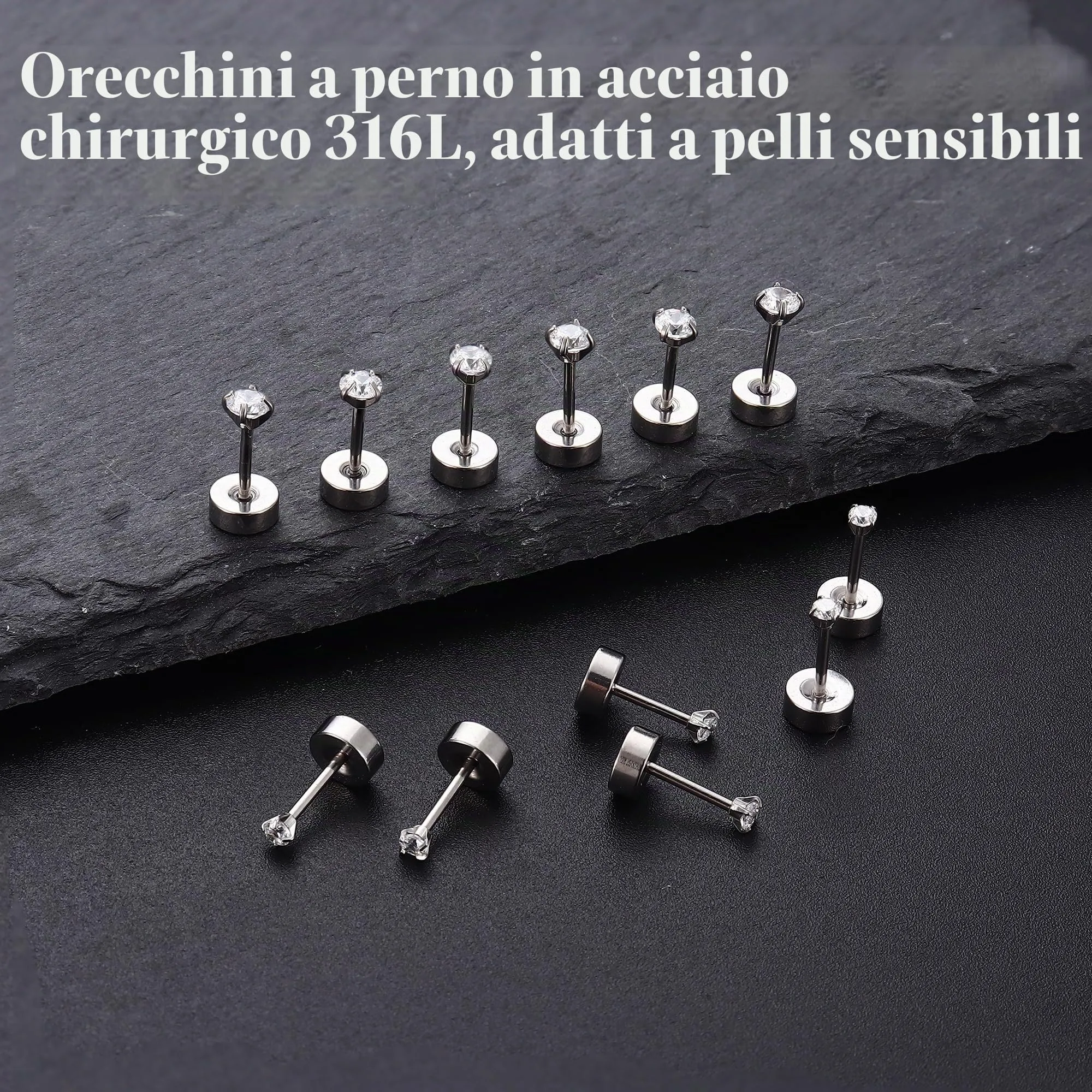 ORAZIO 6-12 Paia Orecchini a Bottone 20G in Acciaio Inossidabile con Perline di Pietra per Donna e Uomo - immagine 6