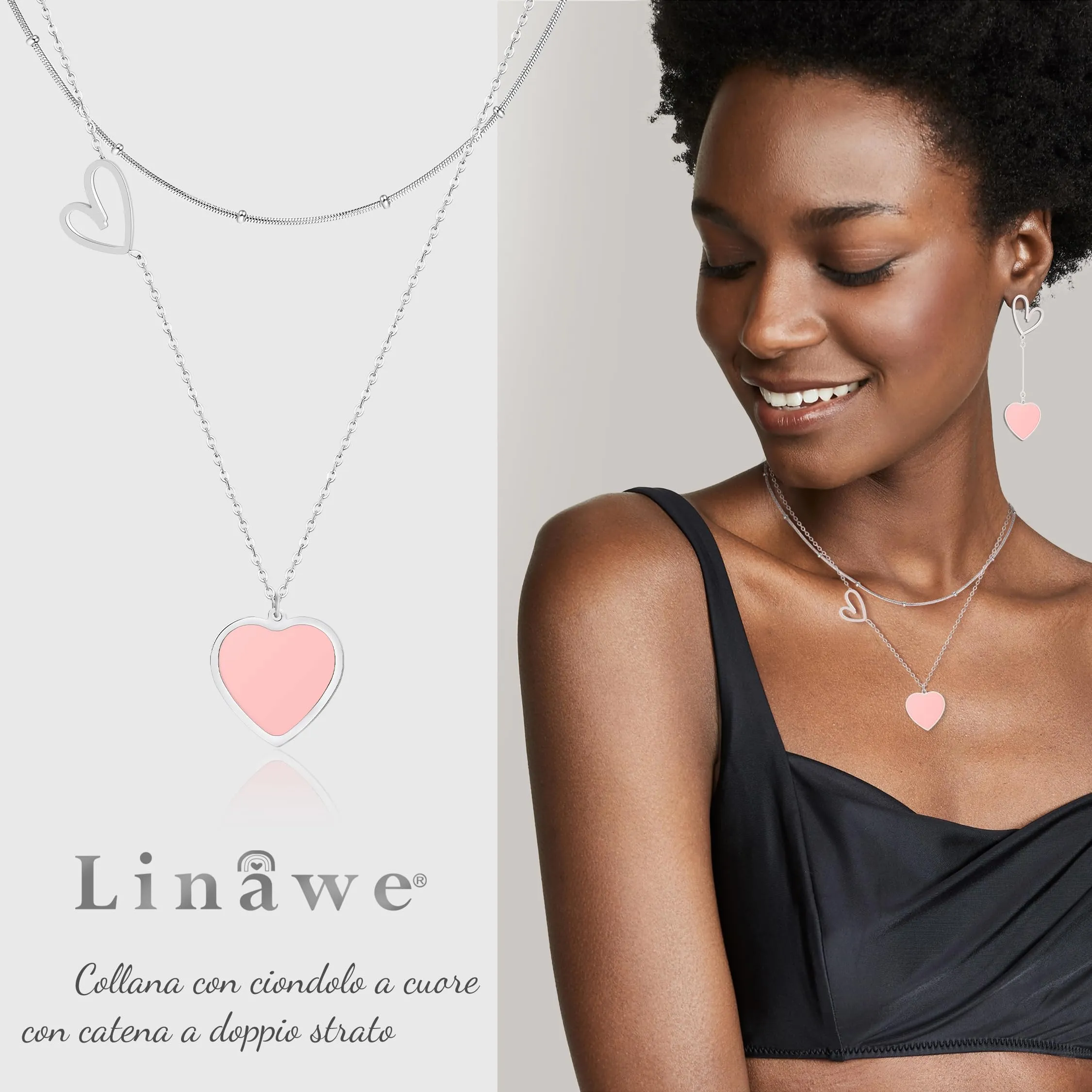 Linawe Collana a cuore in acciaio inossidabile argentato e rosa - immagine 2