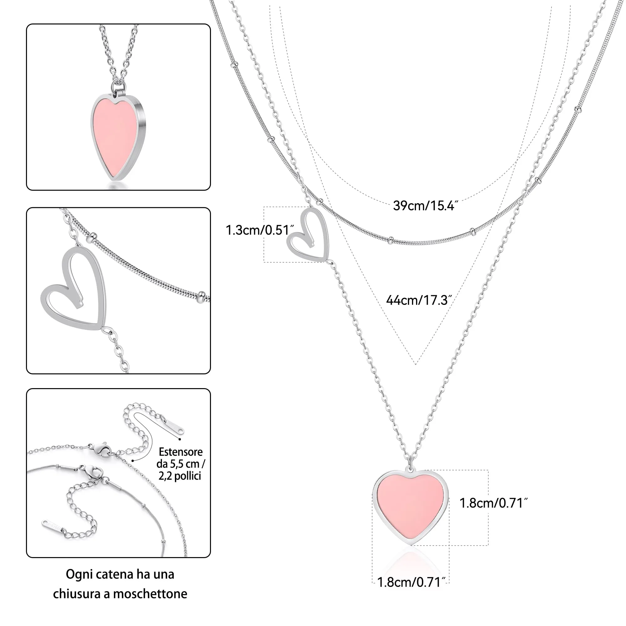 Linawe Collana a cuore in acciaio inossidabile argentato e rosa - immagine 5