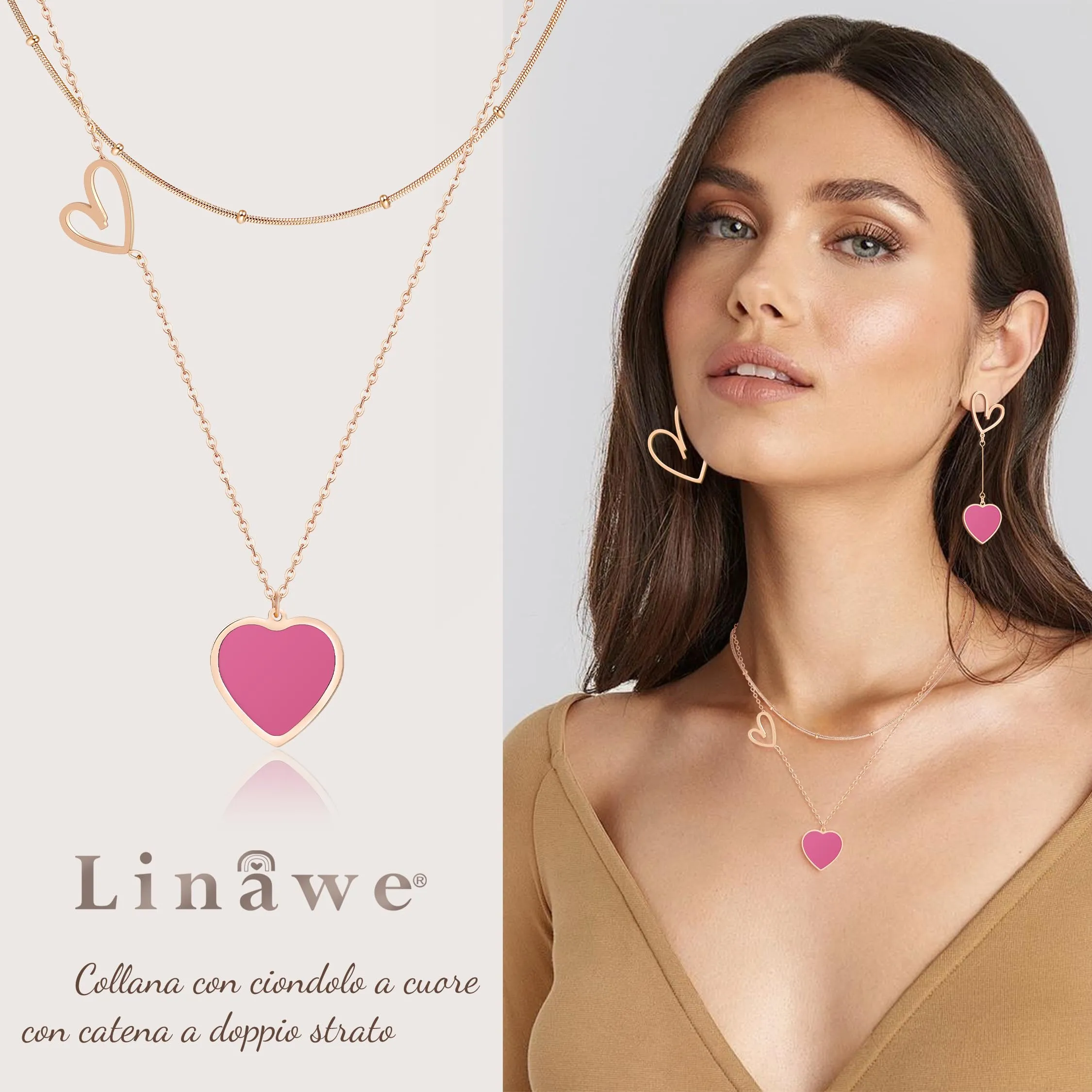 Linawe Collana a cuore a strati in acciaio inossidabile placcato oro rosa - immagine 2