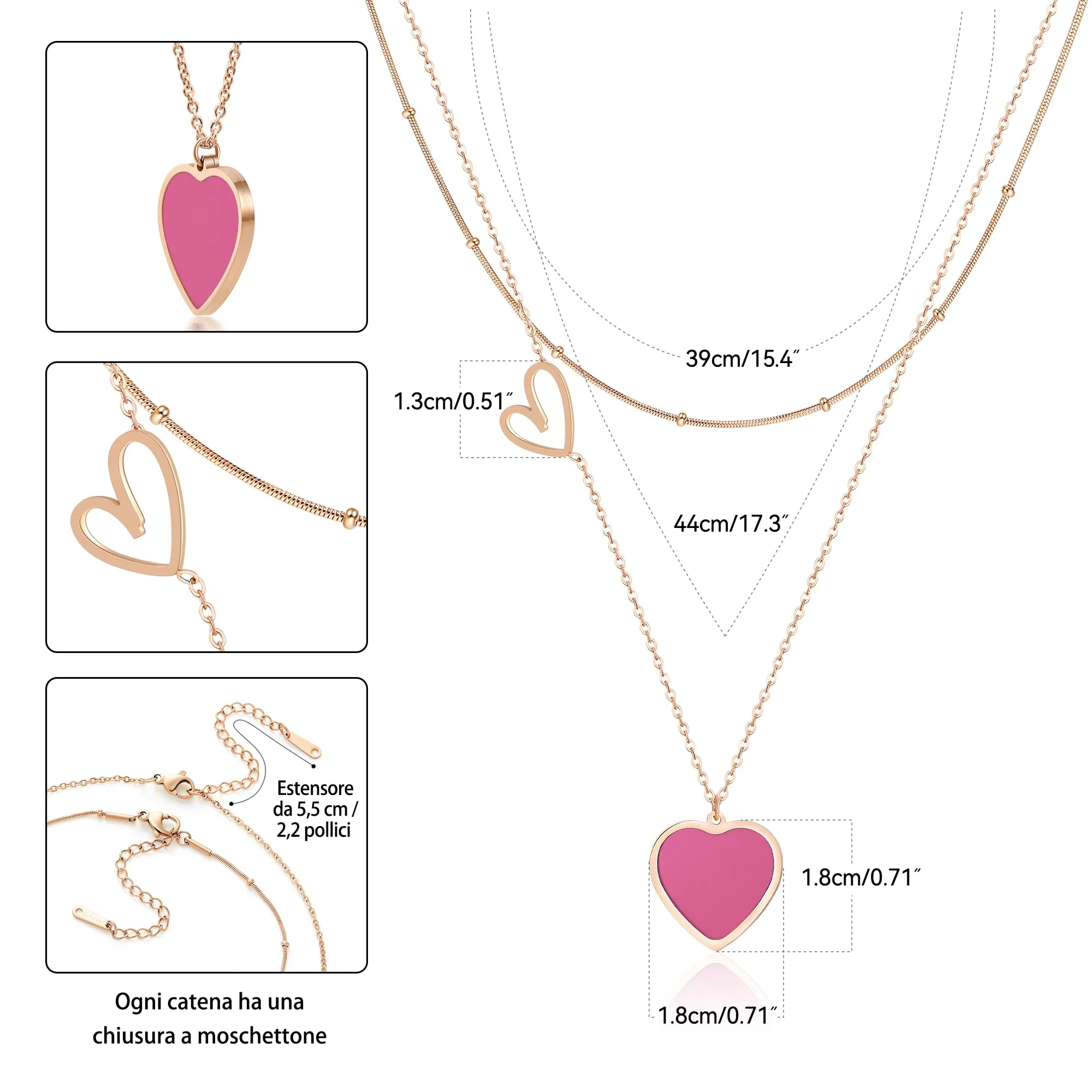 Linawe Collana a cuore a strati in acciaio inossidabile placcato oro rosa - immagine 5
