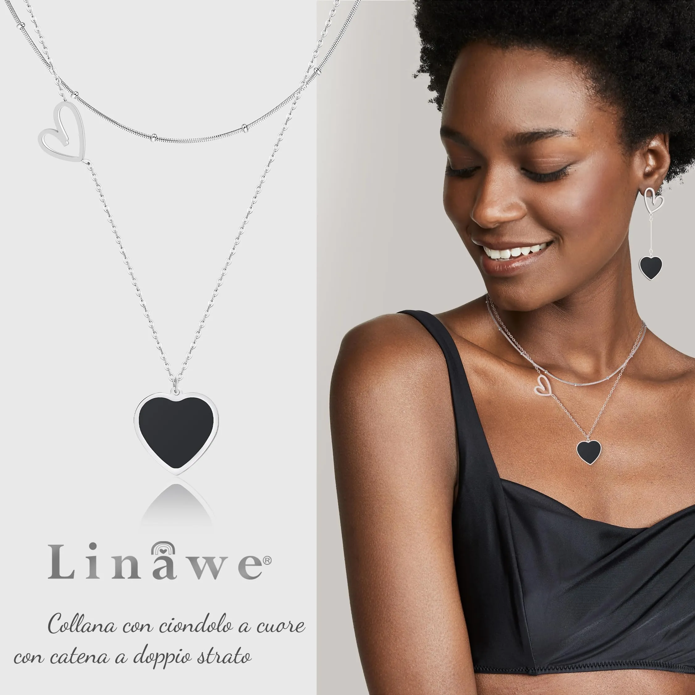 Linawe Set di collane a strati con ciondolo a cuore in acciaio inossidabile, Argento e Nero - immagine 2