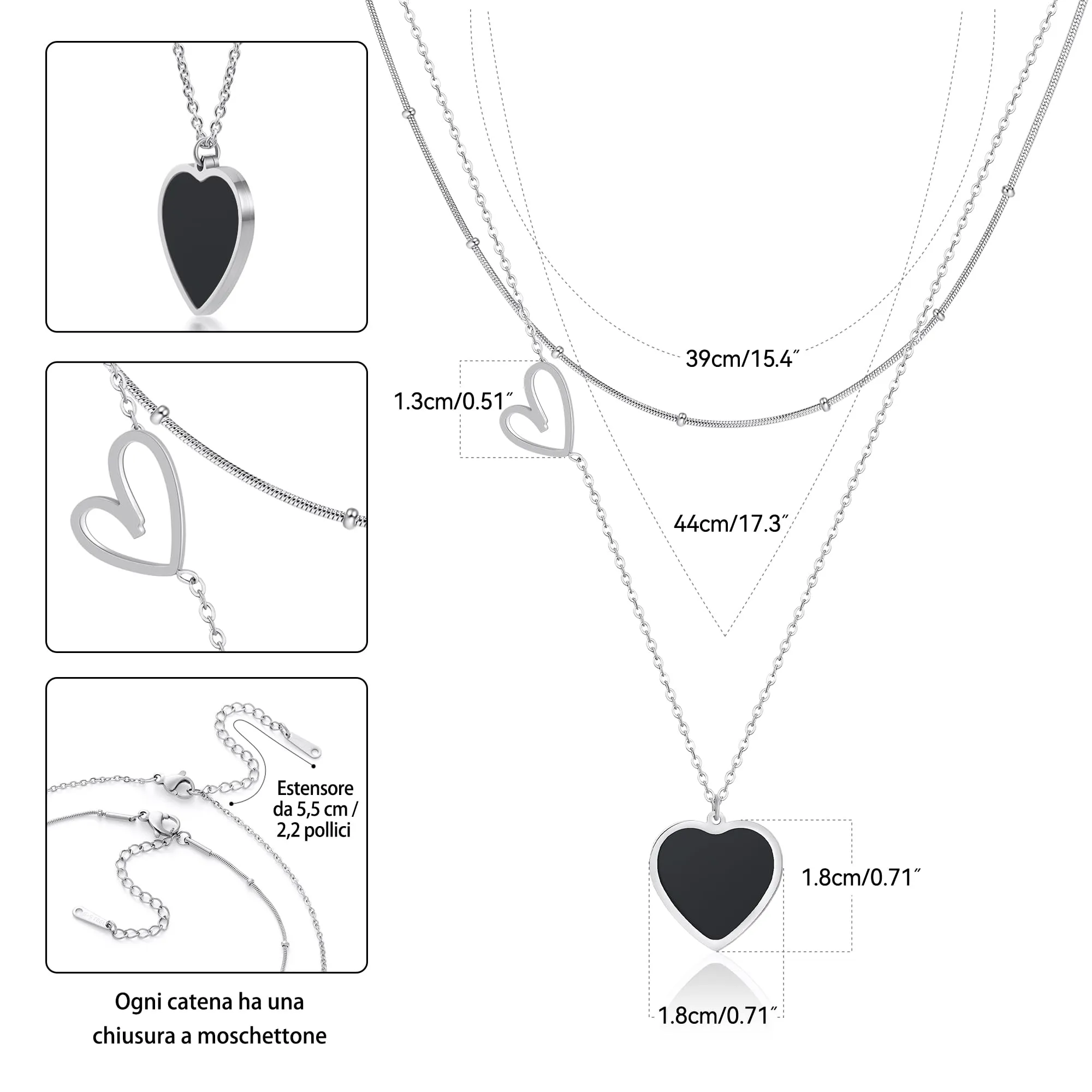 Linawe Set di collane a strati con ciondolo a cuore in acciaio inossidabile, Argento e Nero - immagine 5