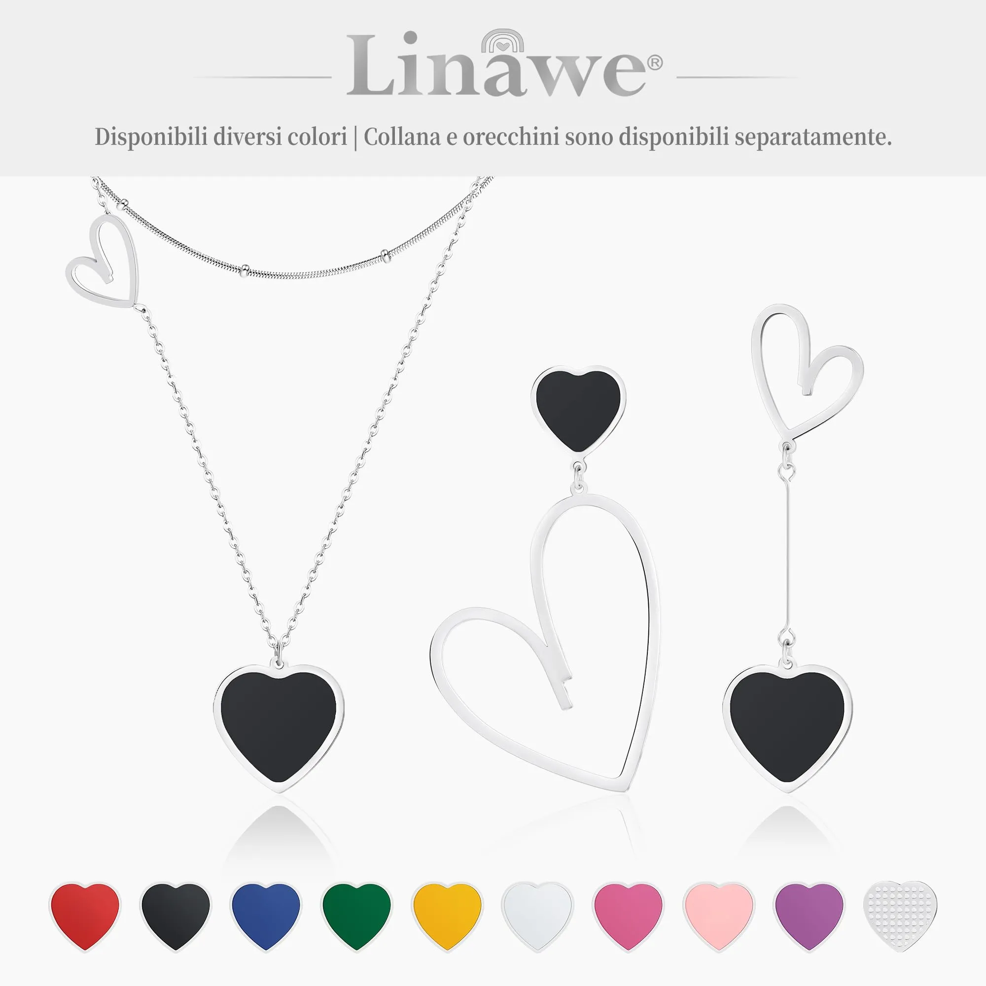 Linawe Set di collane a strati con ciondolo a cuore in acciaio inossidabile, Argento e Nero - immagine 6