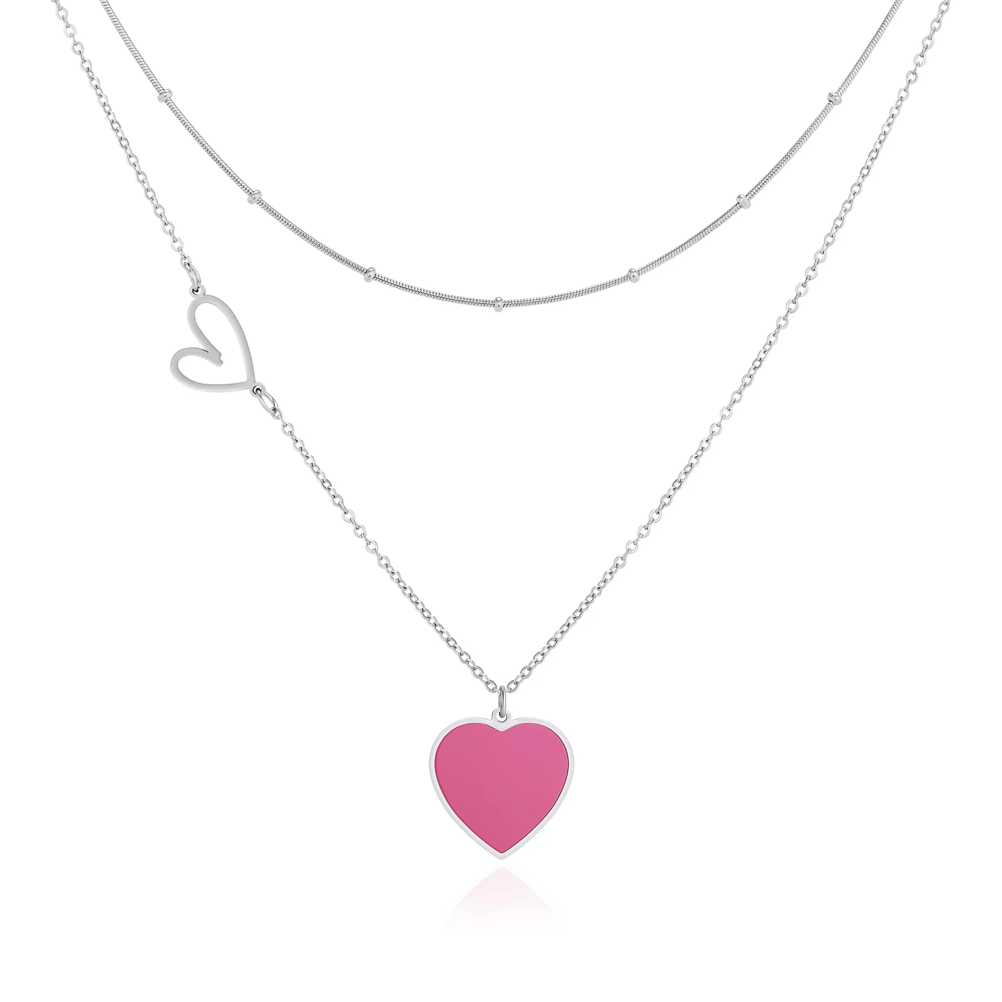 Linawe Collana a cuore a doppio strato in acciaio inossidabile, Argento e Rosa Rossa - immagine 1