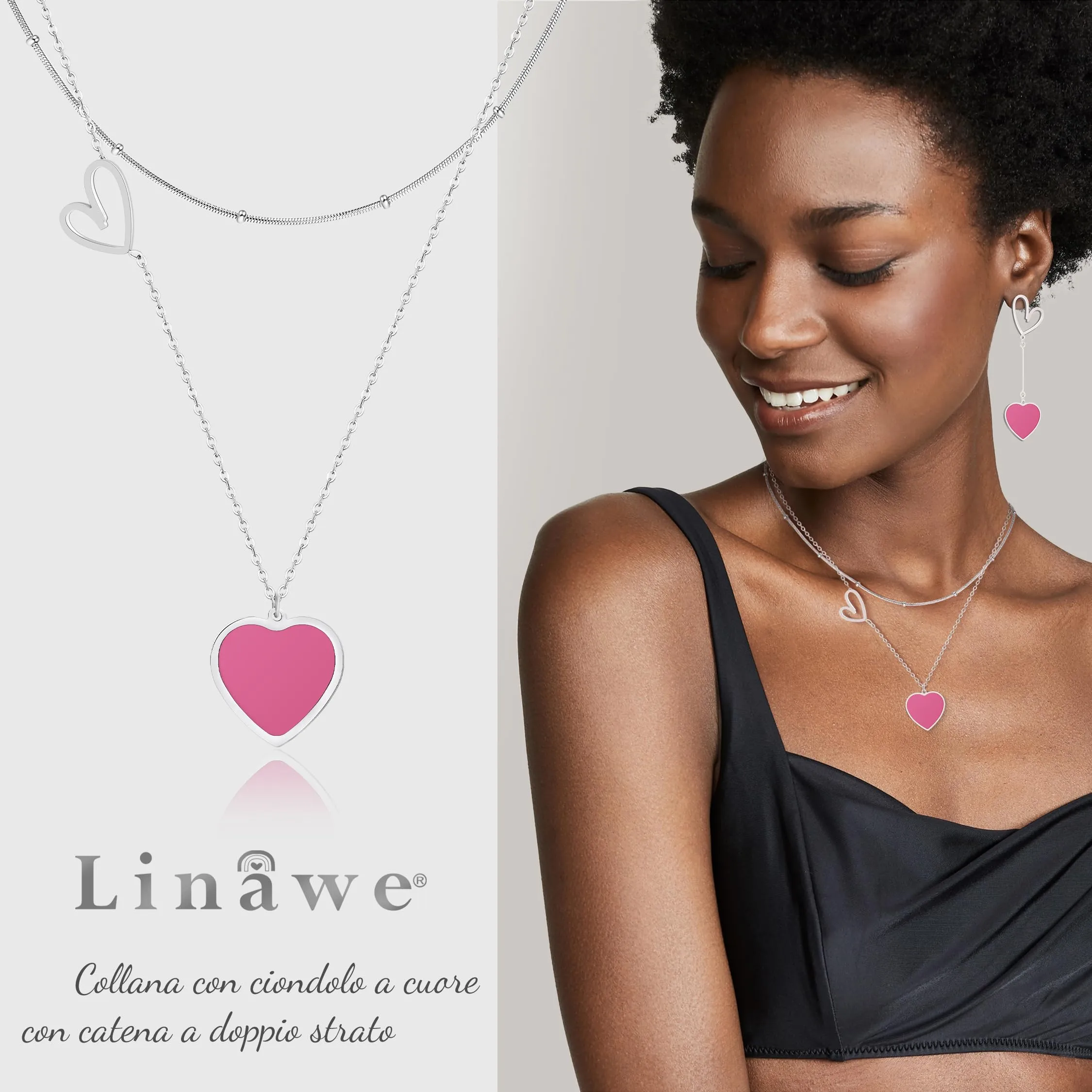 Linawe Collana a cuore a doppio strato in acciaio inossidabile, Argento e Rosa Rossa - immagine 2