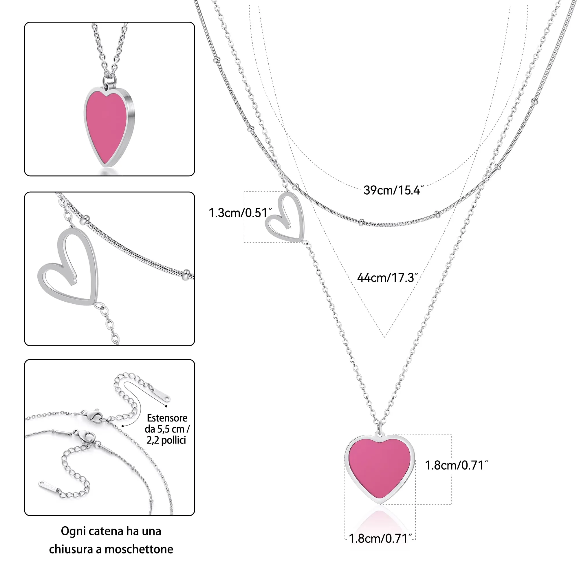 Linawe Collana a cuore a doppio strato in acciaio inossidabile, Argento e Rosa Rossa - immagine 5
