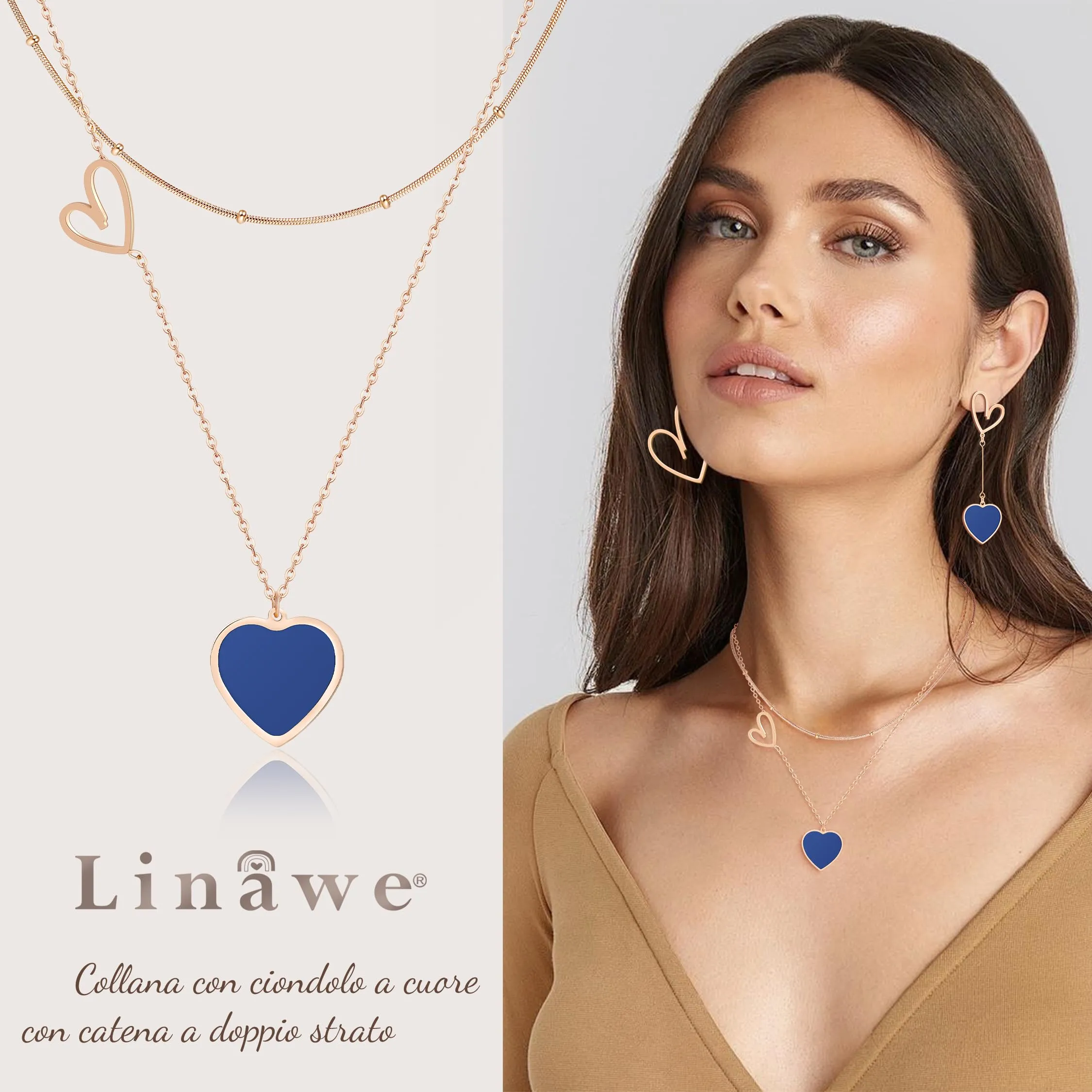 Linawe Collana a Strati da Donna con Ciondolo a Cuore in Acciaio Inossidabile e Oro Rosa - immagine 2