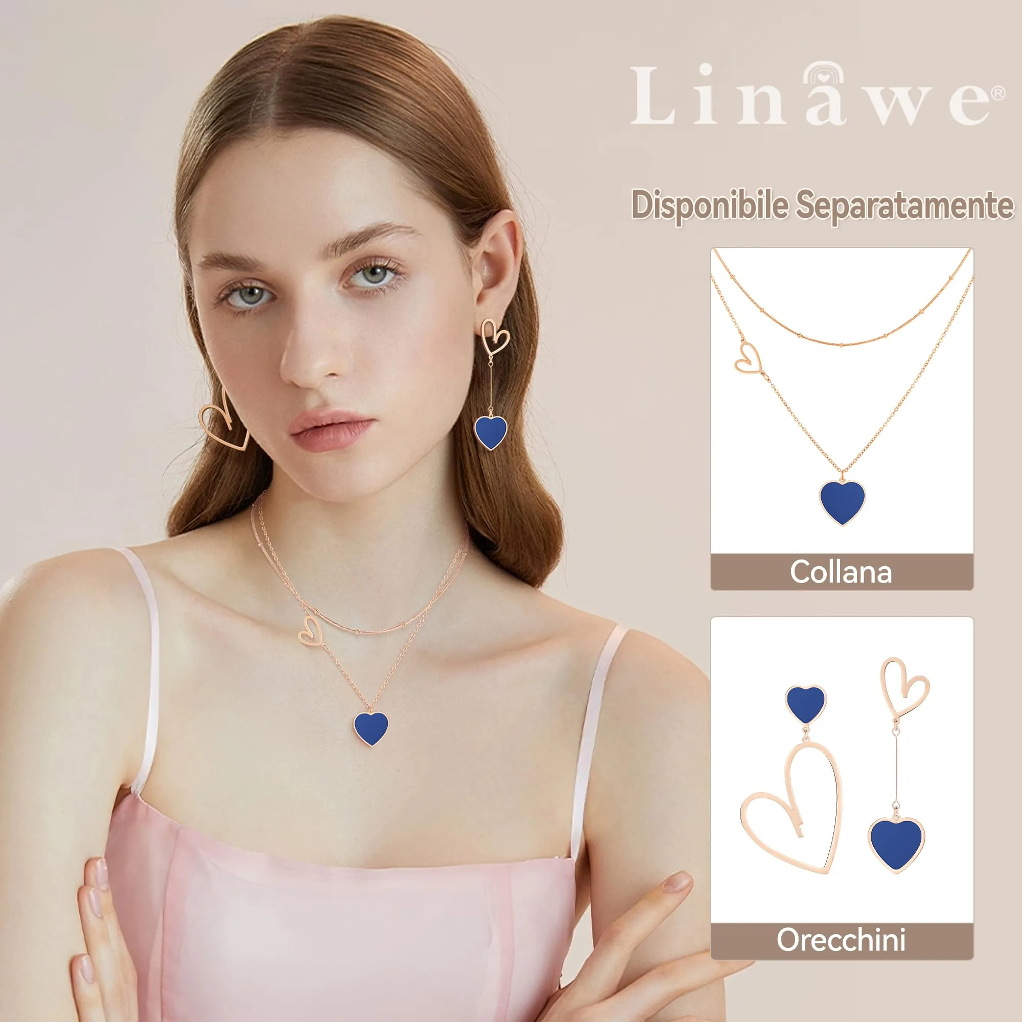 Linawe Collana a Strati da Donna con Ciondolo a Cuore in Acciaio Inossidabile e Oro Rosa - immagine 3