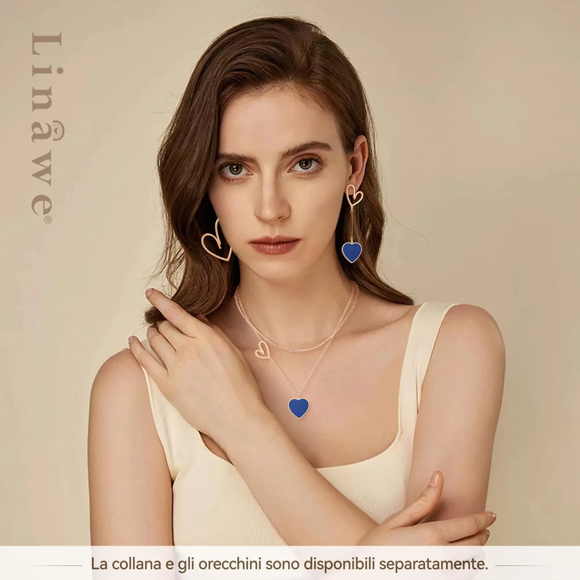 Linawe Collana a Strati da Donna con Ciondolo a Cuore in Acciaio Inossidabile e Oro Rosa - immagine 4