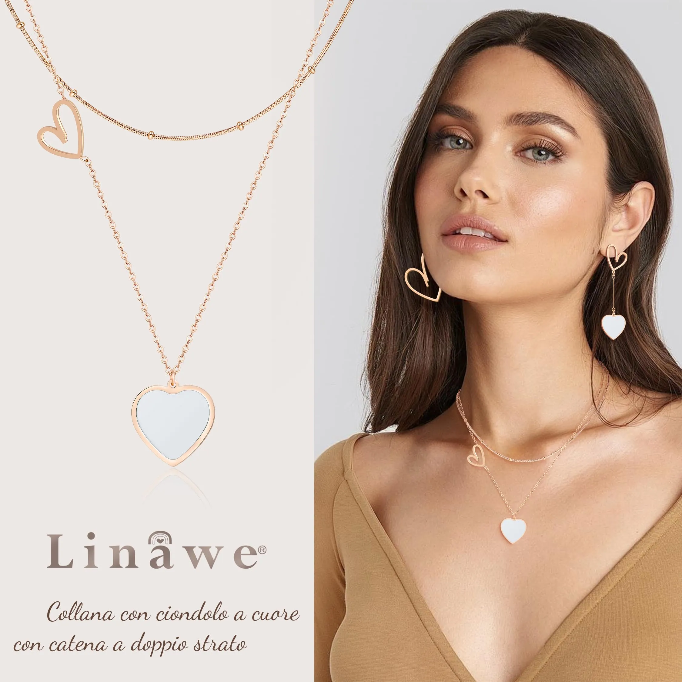 Linawe Collana a Cuore da Donna a Strati in Acciaio Inossidabile, Bianca e Oro Rosa - immagine 2