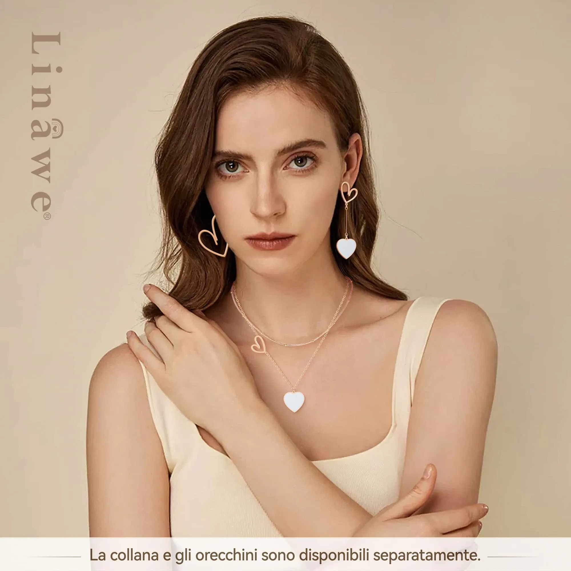 Linawe Collana a Cuore da Donna a Strati in Acciaio Inossidabile, Bianca e Oro Rosa - immagine 4