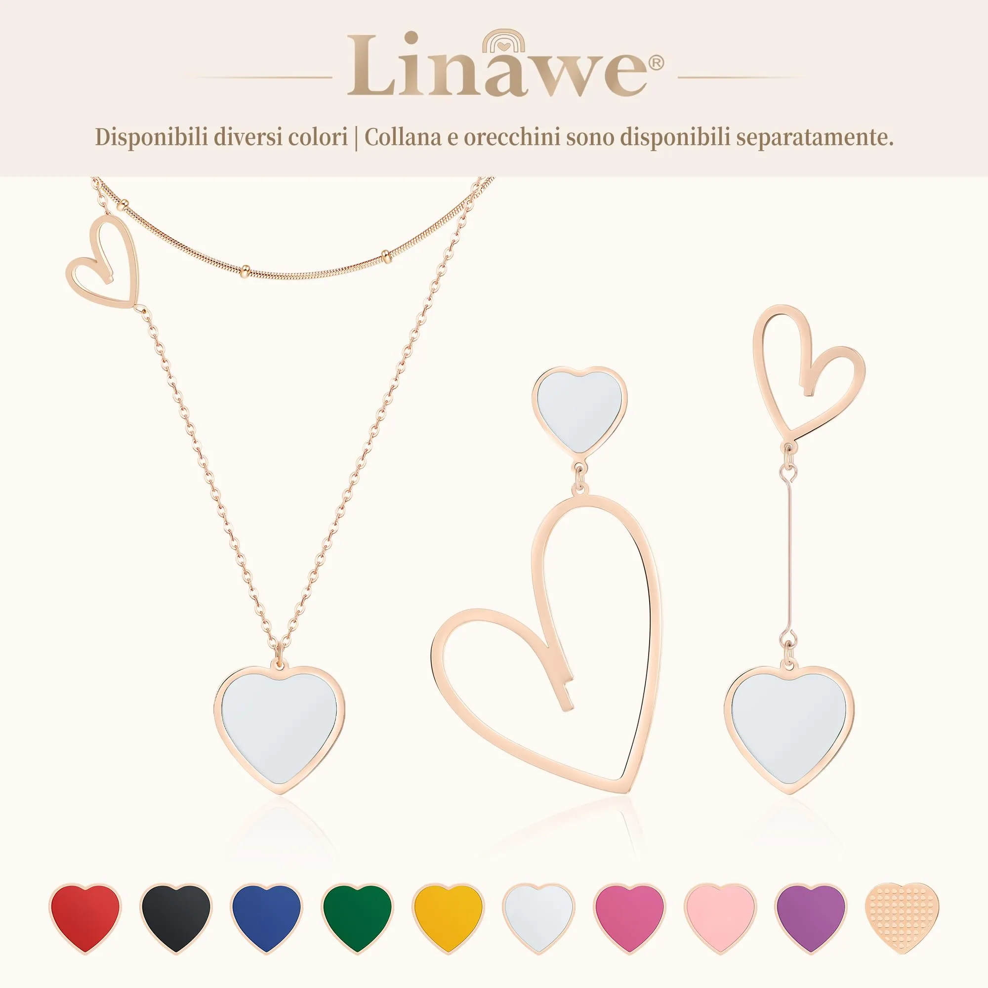 Linawe Collana a Cuore da Donna a Strati in Acciaio Inossidabile, Bianca e Oro Rosa - immagine 6