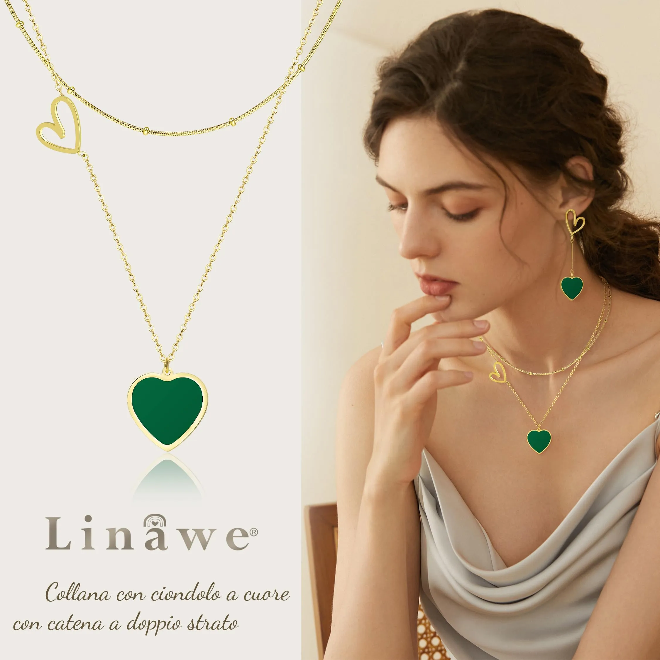 Linawe Collana a cuore verde placcata in oro in acciaio inossidabile, set di catene a strati con ciondolo - immagine 2