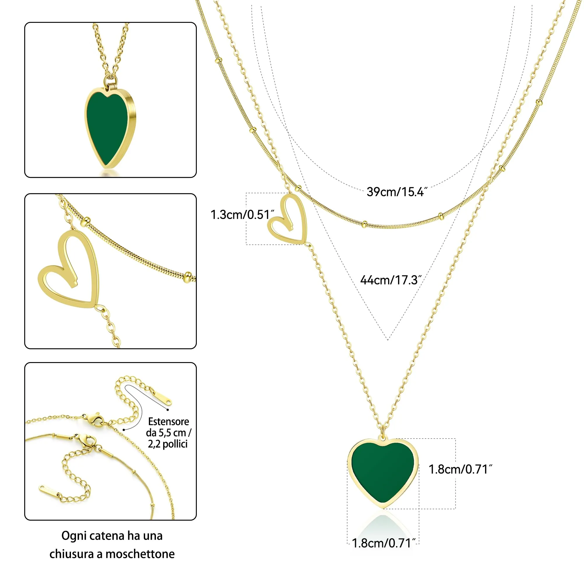 Linawe Collana a cuore verde placcata in oro in acciaio inossidabile, set di catene a strati con ciondolo - immagine 5