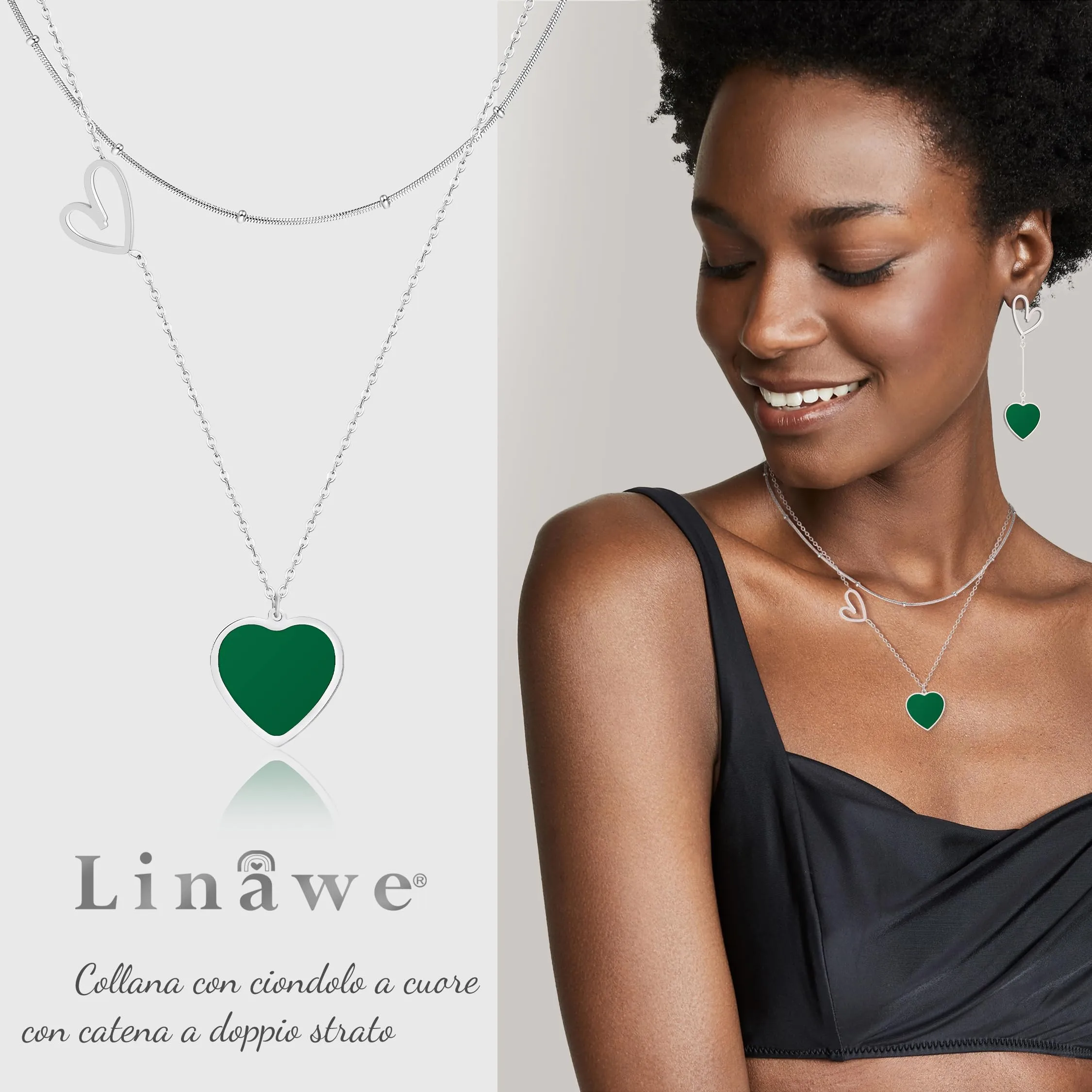 Linawe Collana a Cuore da Donna, Set di Catene a Strati in Acciaio Inossidabile, Argento e Verde - immagine 2