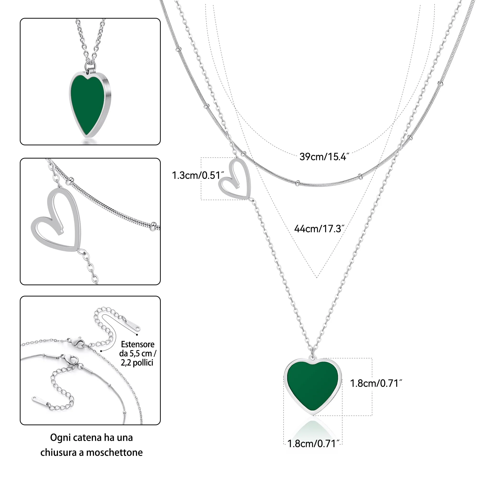 Linawe Collana a Cuore da Donna, Set di Catene a Strati in Acciaio Inossidabile, Argento e Verde - immagine 5