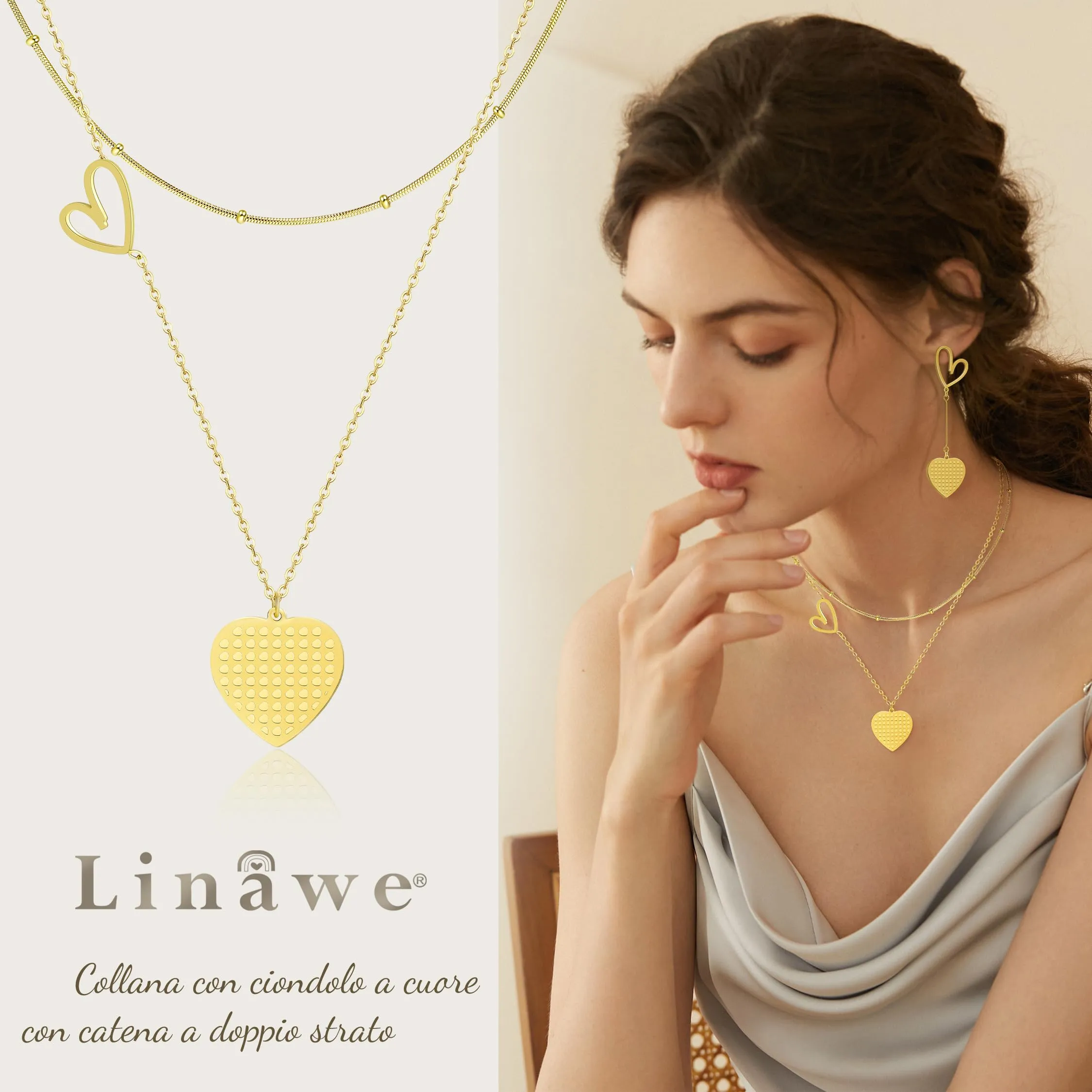 Linawe Collana con Ciondolo a Cuore in Acciaio Inossidabile Placcato Oro per Donna - immagine 2