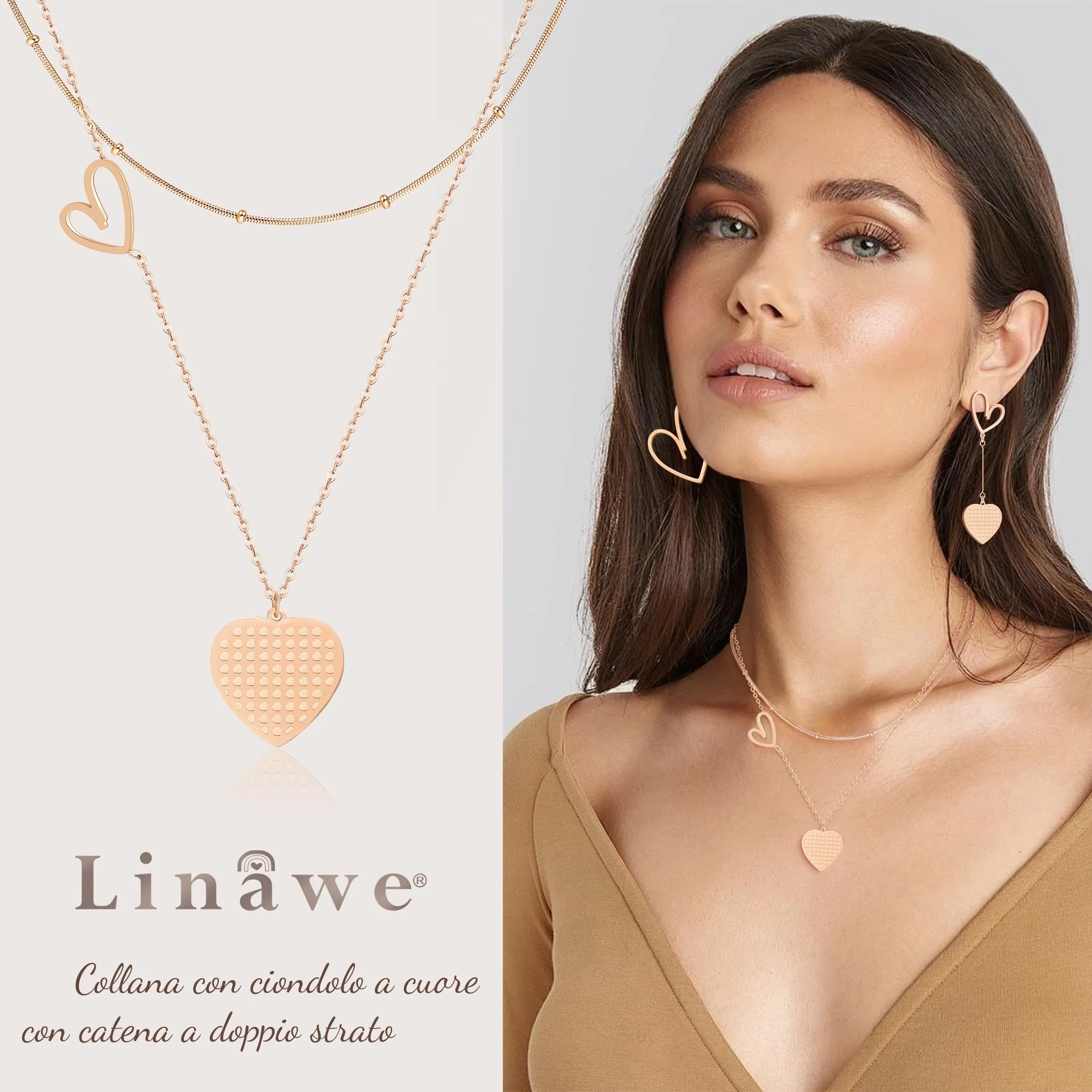 Linawe Collana a Cuore a Strati in Acciaio Inossidabile Oro Rosa - immagine 2