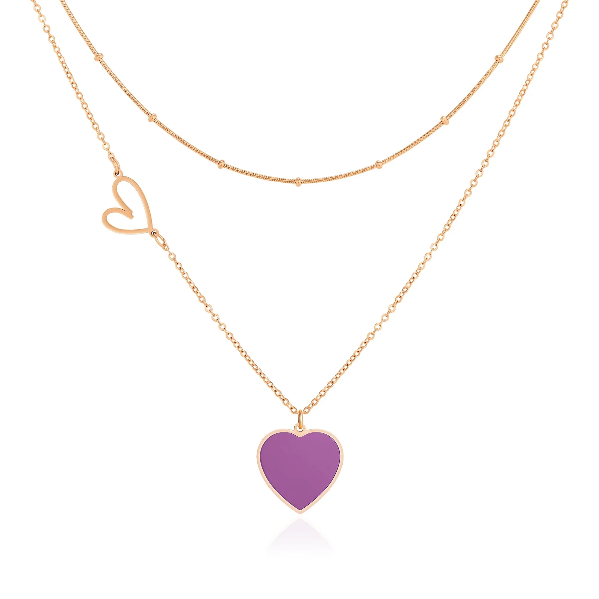 Linawe Collana a cuore a strati in acciaio inossidabile, oro rosa e viola - immagine 1