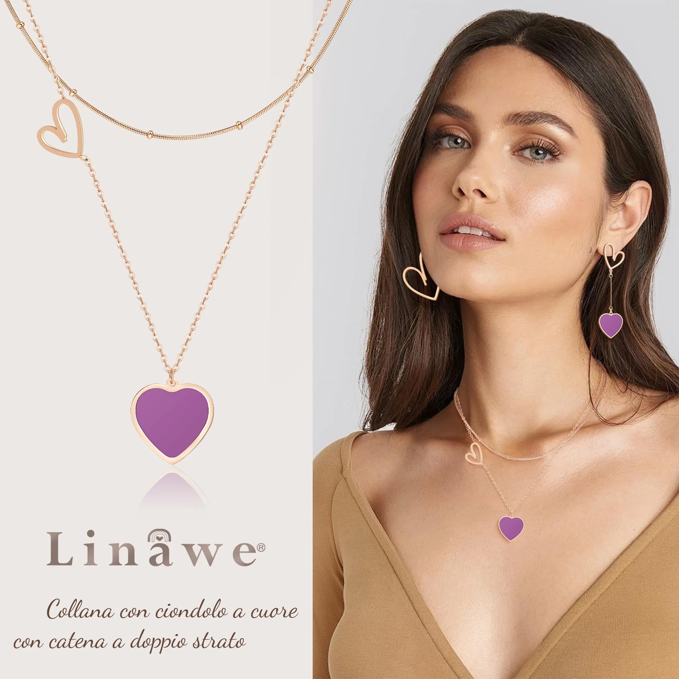 Linawe Collana a cuore a strati in acciaio inossidabile, oro rosa e viola - immagine 2