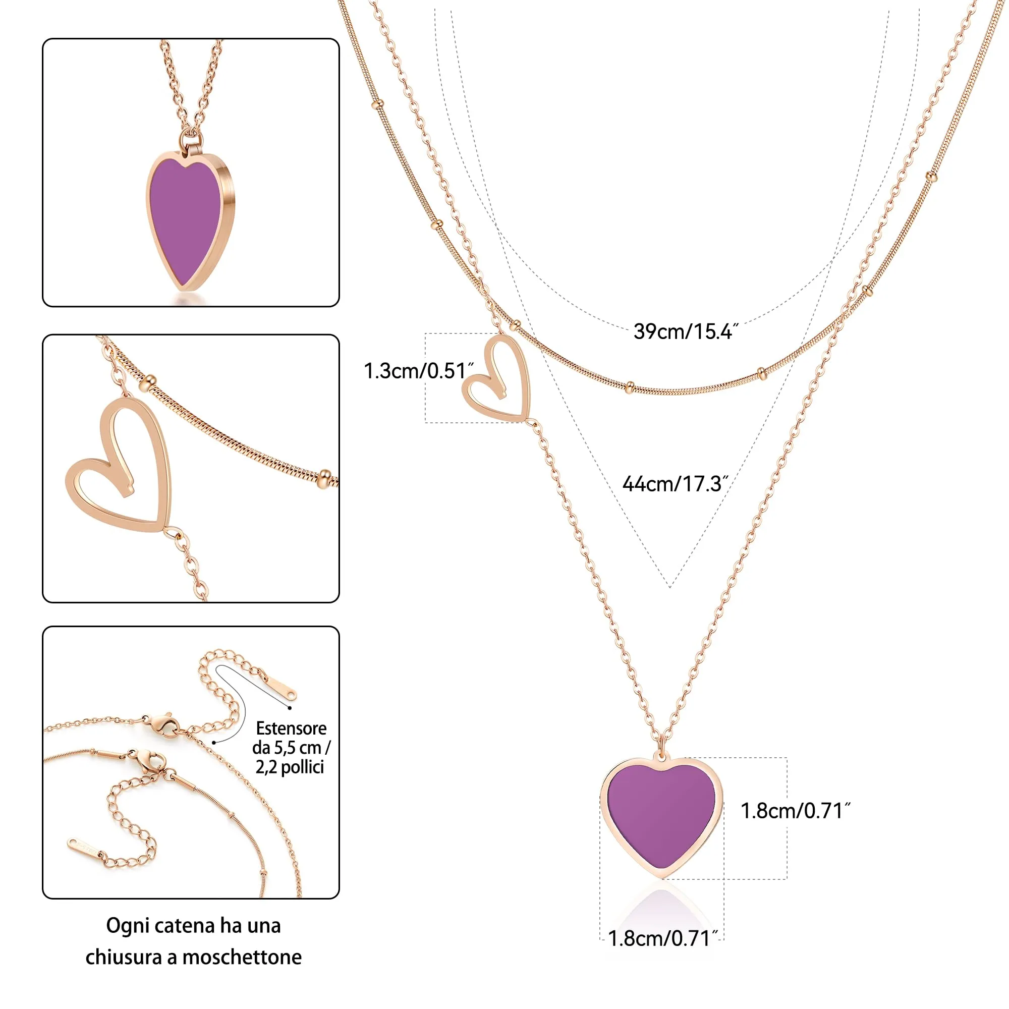 Linawe Collana a cuore a strati in acciaio inossidabile, oro rosa e viola - immagine 5