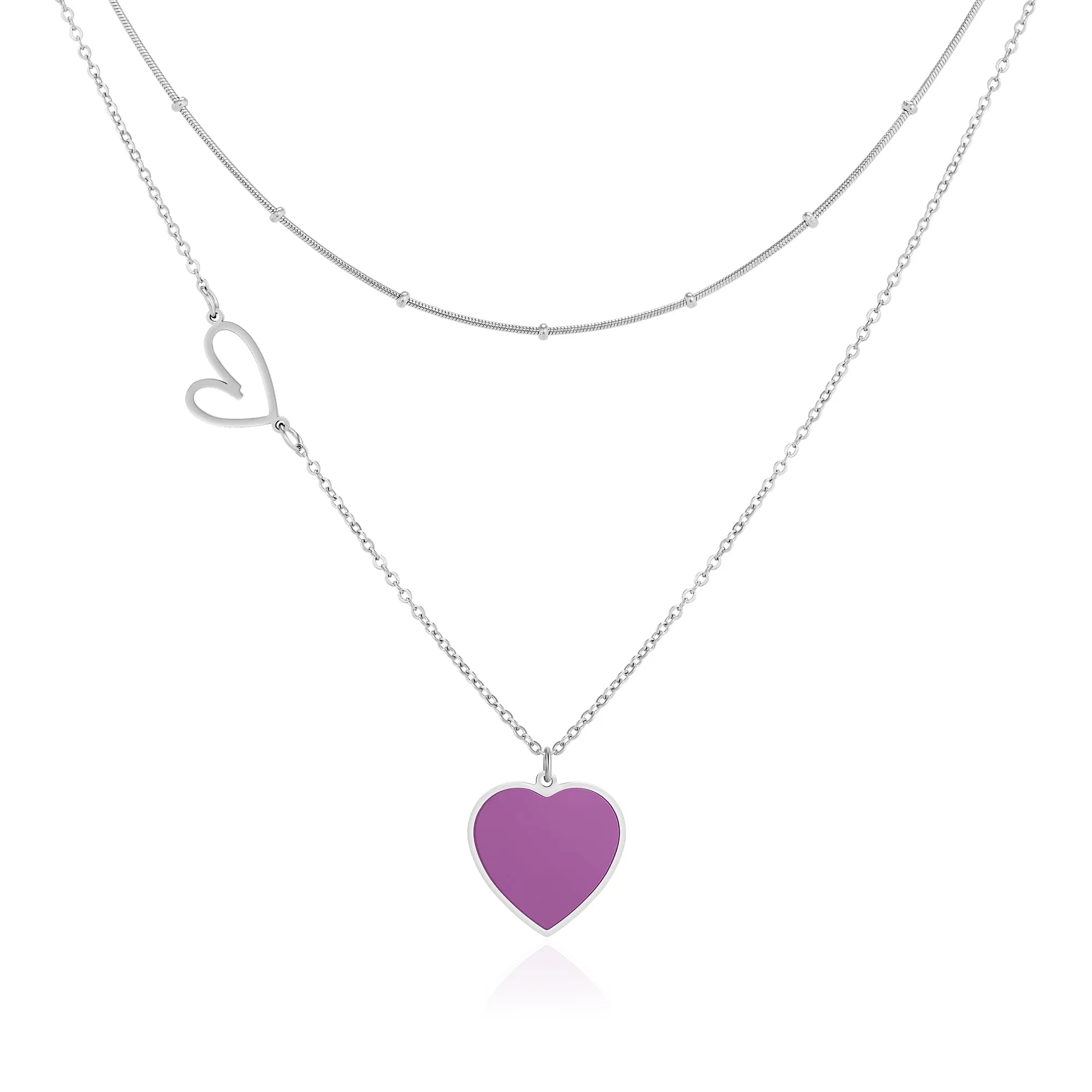 Linawe Collana a cuore in acciaio inossidabile, argento e viola - immagine 1
