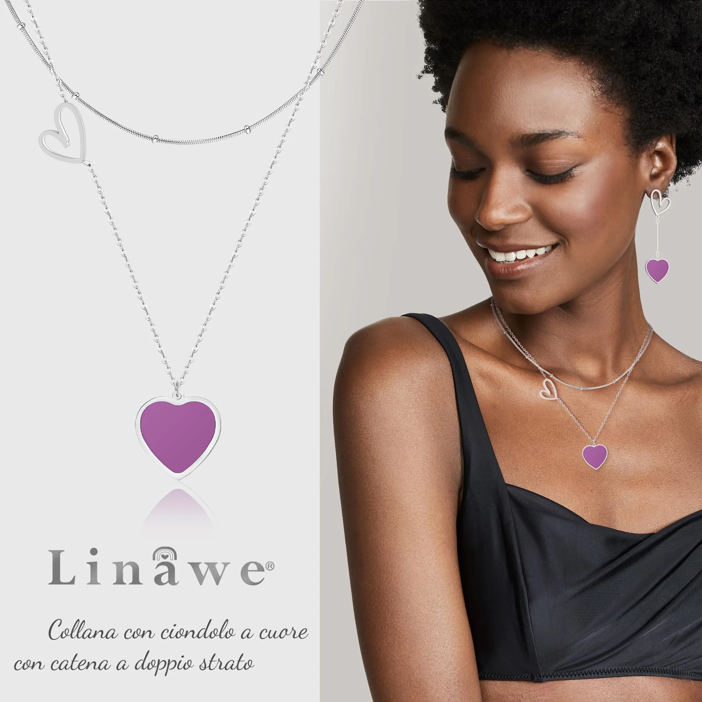 Linawe Collana a cuore in acciaio inossidabile, argento e viola - immagine 2